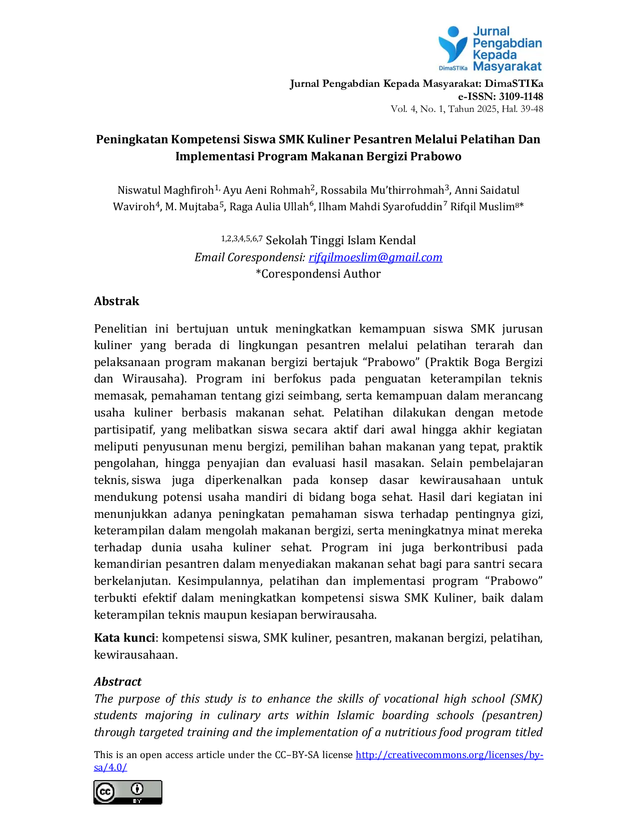 JURIS Peningkatan Kompetensi Siswa SMK Kuliner Pesantren Melalui Pelatihan Dan Implementasi Program Makanan Bergizi Prabowo