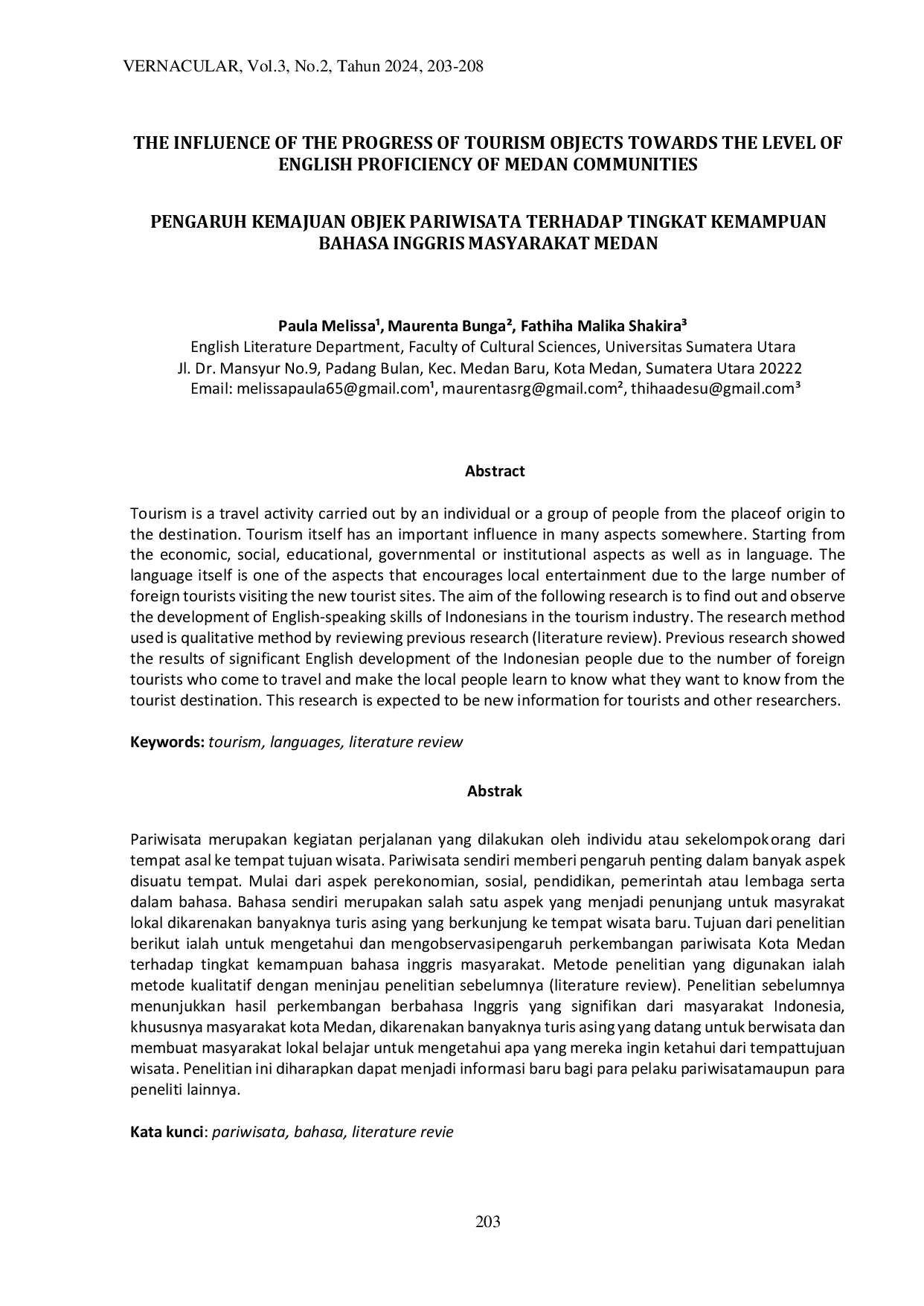 juris Influence of The Progress of Tourism Objects Towards The Level of English Proficiency of Medan Communities