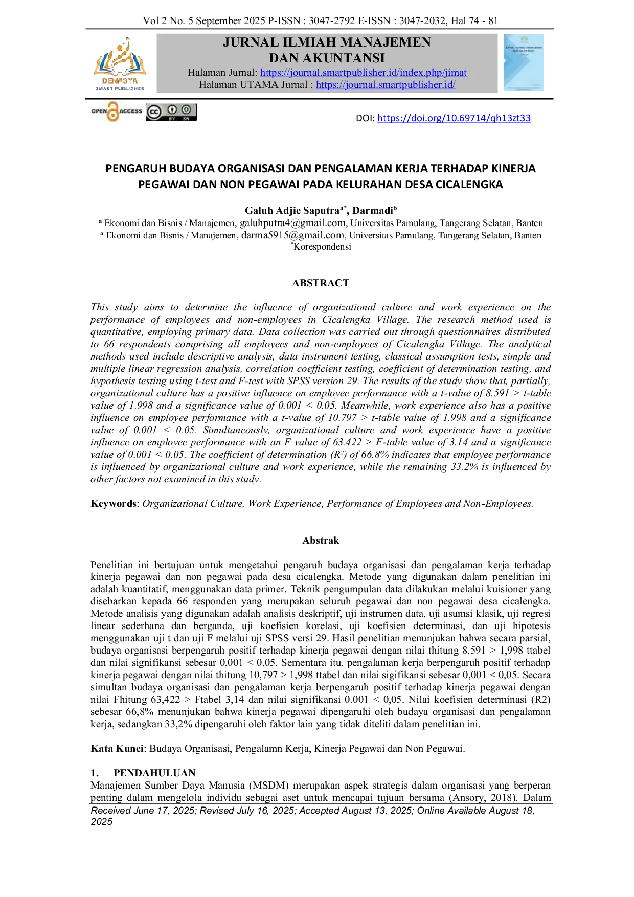 JURIS Pengaruh Budaya Organisasi dan Pengalaman Kerja Terhadap Kinerja Pegawai dan Non Pegawai Pada Kelurahan Desa Cicalengka