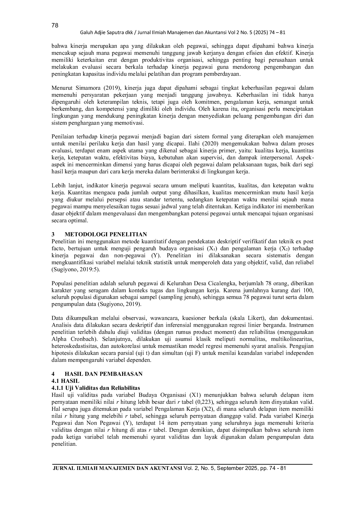 JURIS Pengaruh Budaya Organisasi dan Pengalaman Kerja Terhadap Kinerja Pegawai dan Non Pegawai Pada Kelurahan Desa Cicalengka