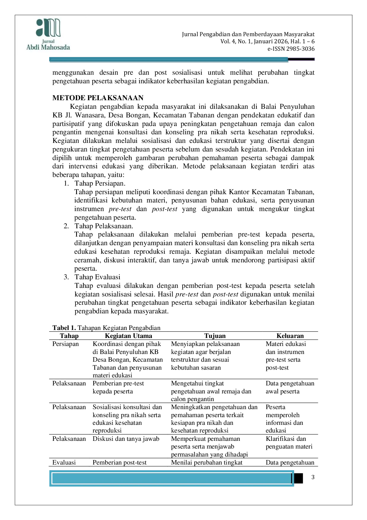 JURIS Peningkatan Pengetahuan Remaja dan Calon Pengantin melalui Konsultasi dan Konseling Pra Nikah serta Edukasi Kesehatan Reproduksi di Kecamatan Tabanan