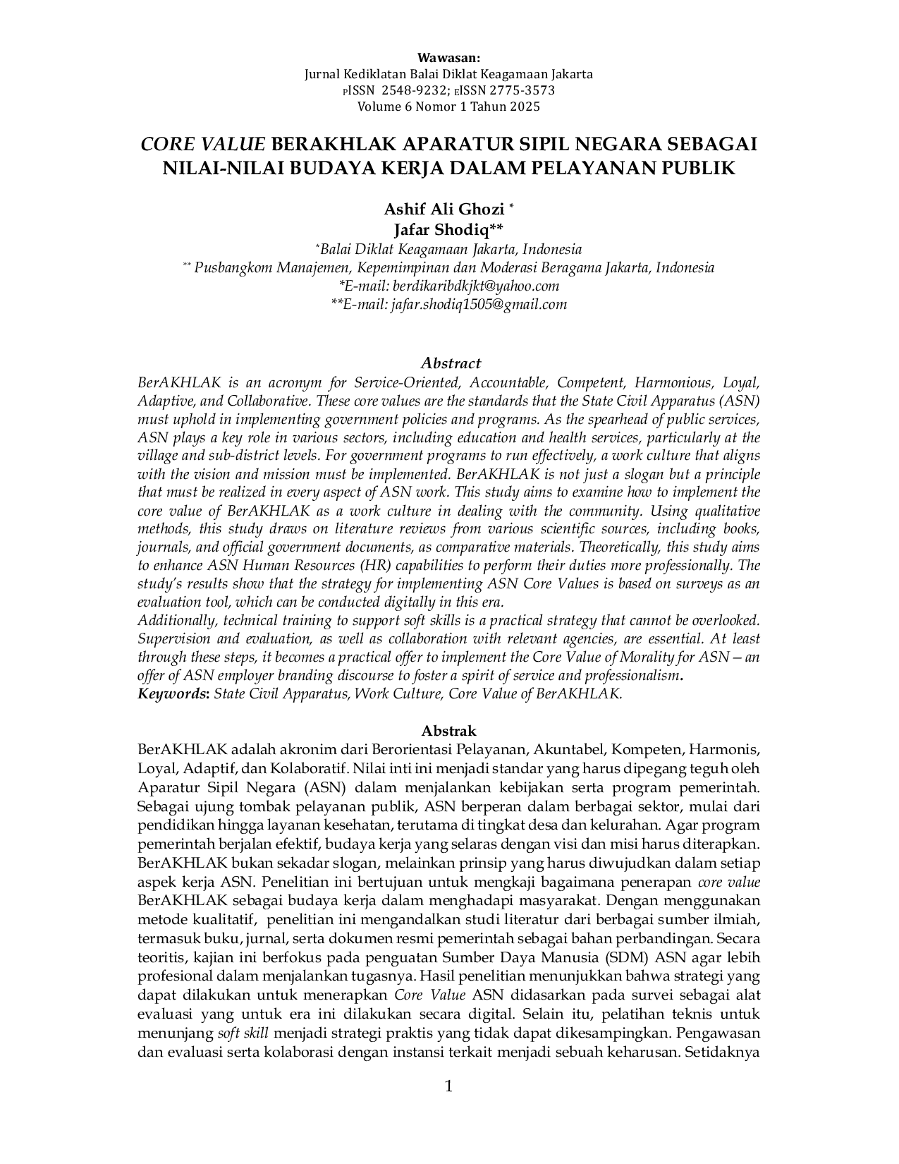JURIS Core Value Berakhlak Aparatur Sipil Negara Sebagai Nilai Nilai Budaya Kerja dalam Pelayanan Publik
