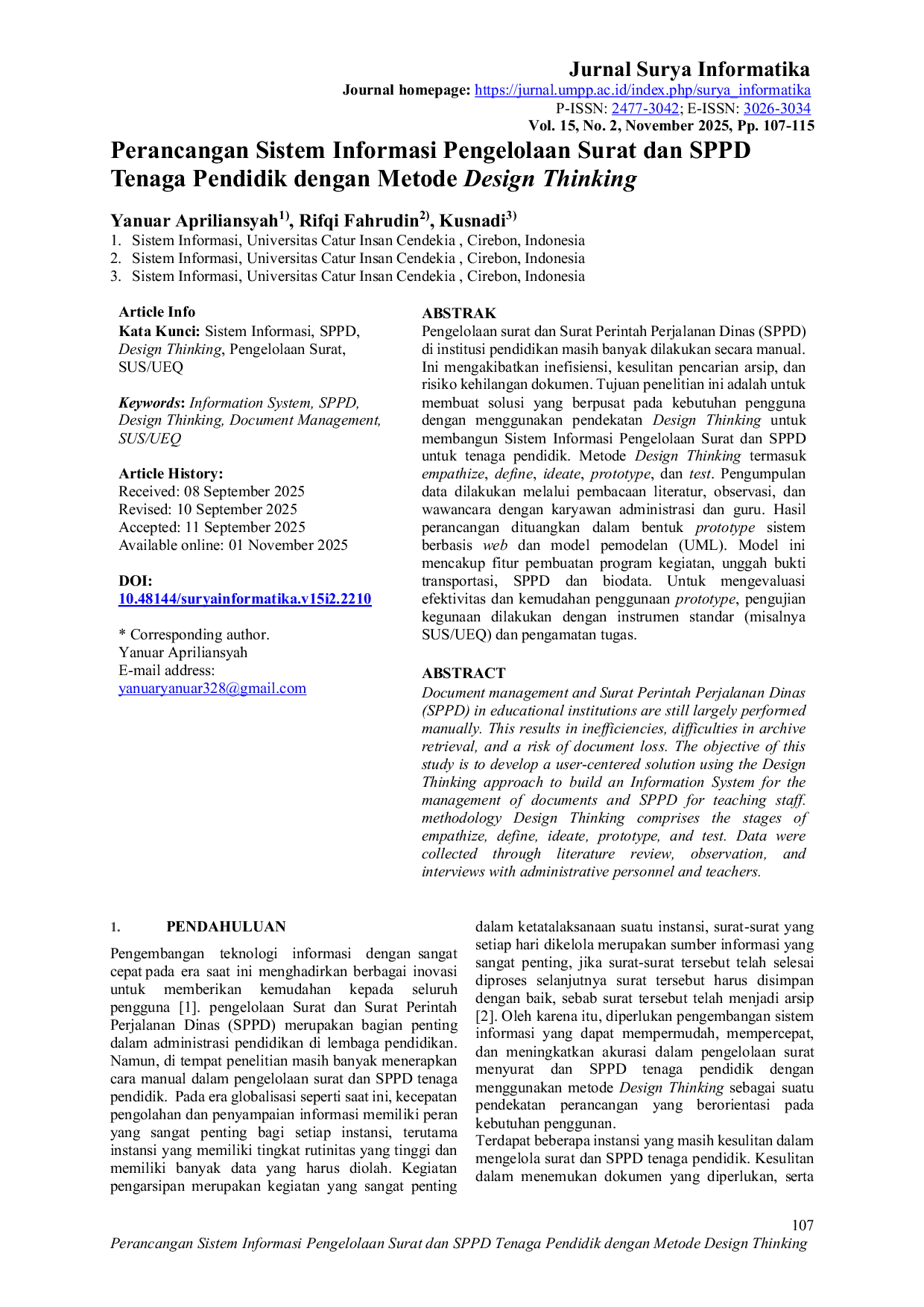 JURIS Perancangan Sistem Informasi Pengelolaan Surat dan SPPD Tenaga Pendidik dengan Metode Design Thinking