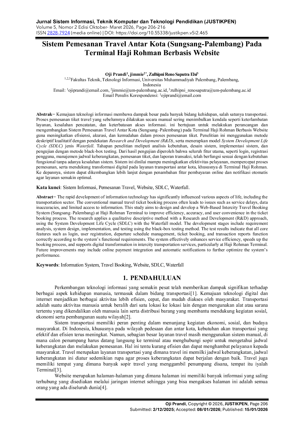 JURIS SISTEM PEMESANAN TRAVEL ANTAR KOTA Sungsang Palembang pada Terminal Haji Rohman Berbasis Website