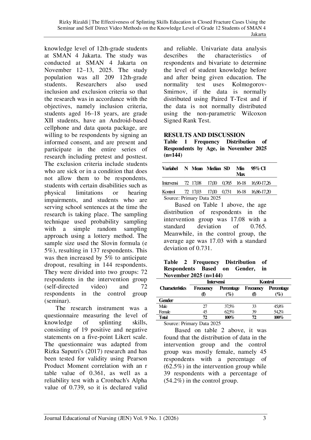 JURIS The Effectiveness of Splinting Skills Education in Closed Fracture Cases Using the Seminar and Self Directed Video Methods on the Knowledge Level of Grade 12 Students of SMAN 4 Jakarta
