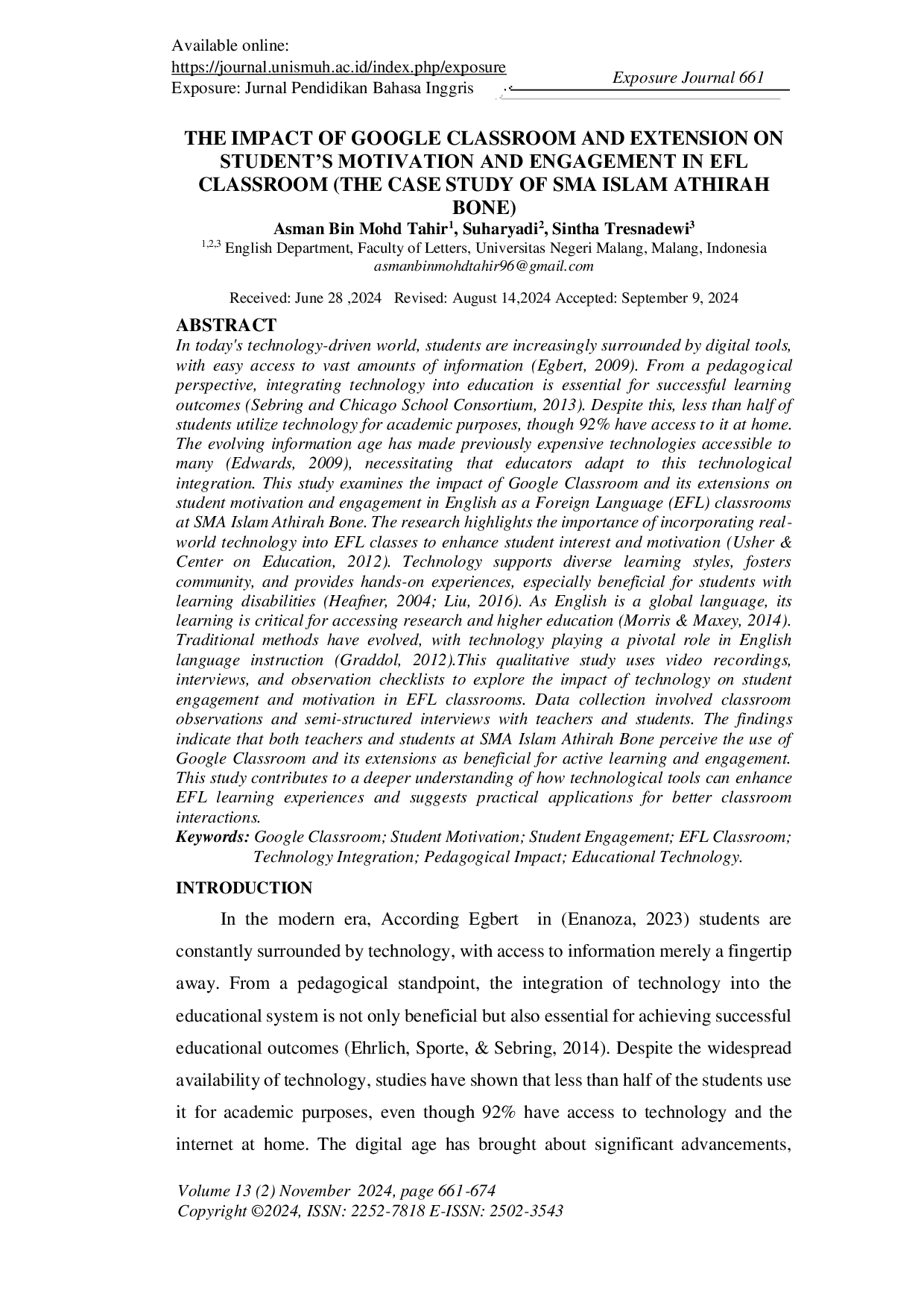 JURIS The Impact of Google Classroom and Extension on Student s Motivation and Engagement in EFL Classroom The Case Study of SMA Islam Athirah Bone