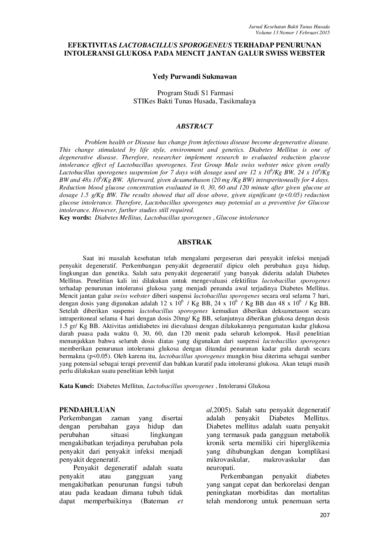 JURIS Efektivitas Lactobacillus Sporogenes Terhadap Penurunan Intoleransi Glukosa Pada Mencit Jantan Galur Swiss Webster