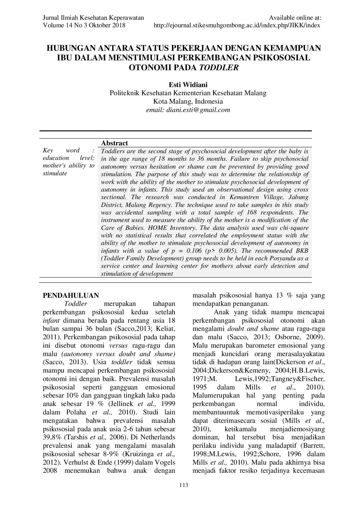 JURIS Hubungan Antara Status Pekerjaan Dengan Kemampuan Ibu Dalam Menstimulasi Perkembangan Psikososial Otonomi Pada Toddler