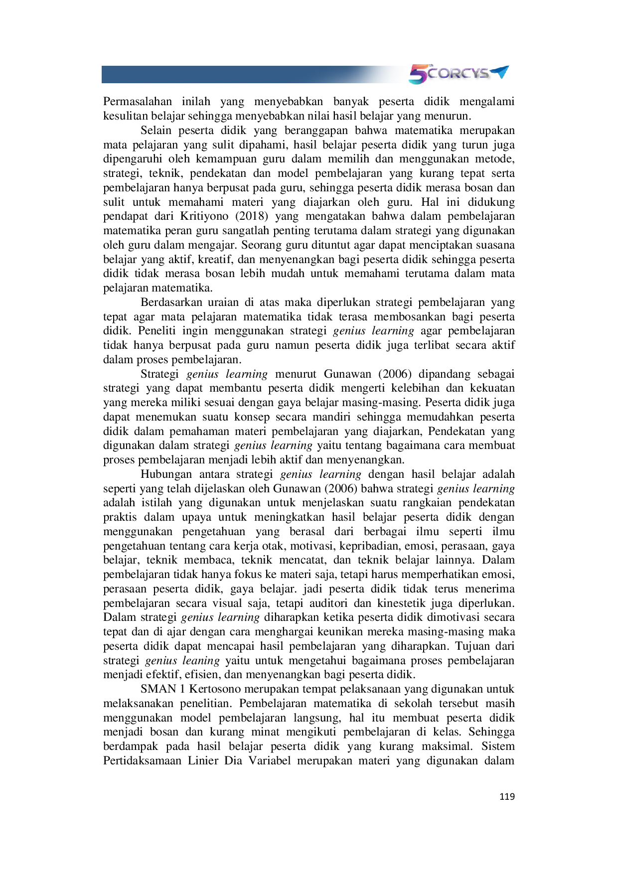 JURIS Pengaruh Strategi Genius Learning Terhadap Hasil Belajar Matematika Peserta Didik Kelas X SMAN 1 Kertosono