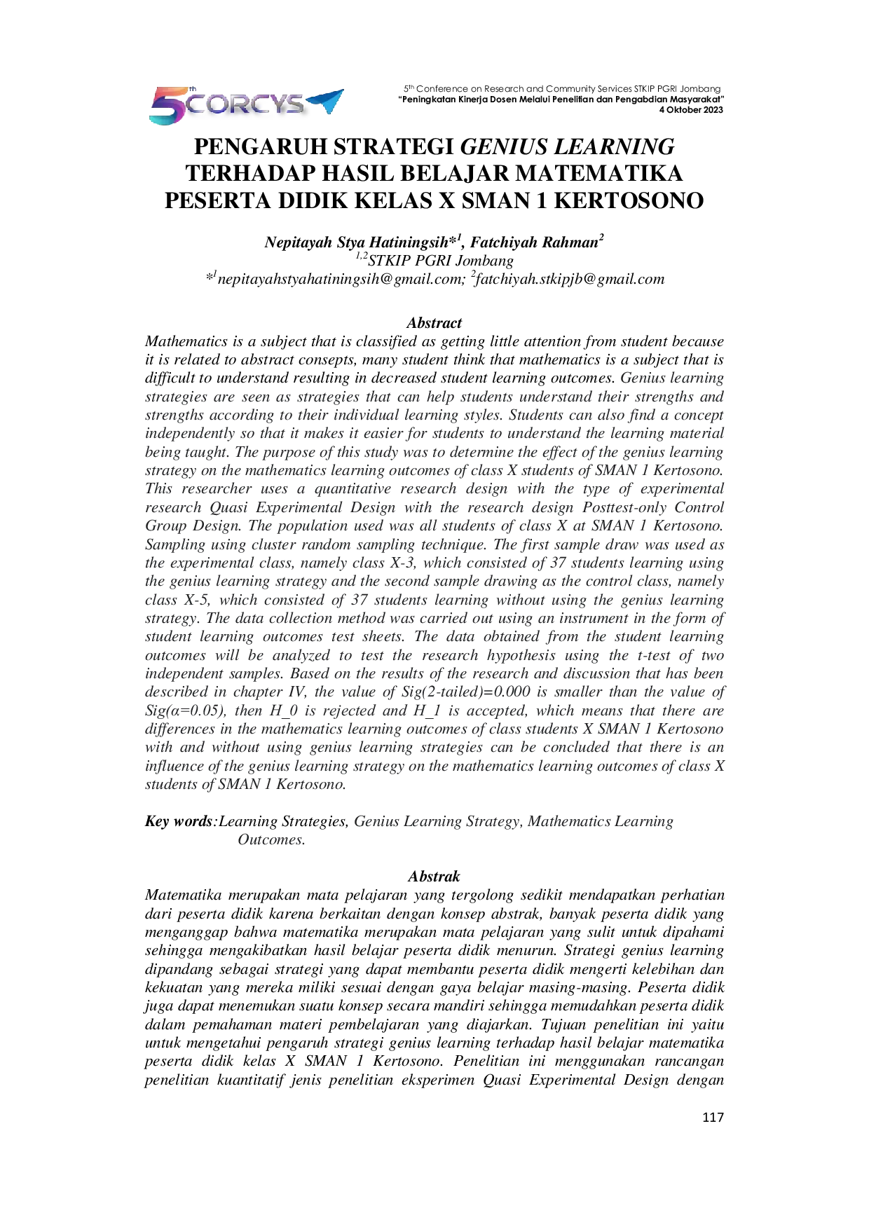 JURIS Pengaruh Strategi Genius Learning Terhadap Hasil Belajar Matematika Peserta Didik Kelas X SMAN 1 Kertosono