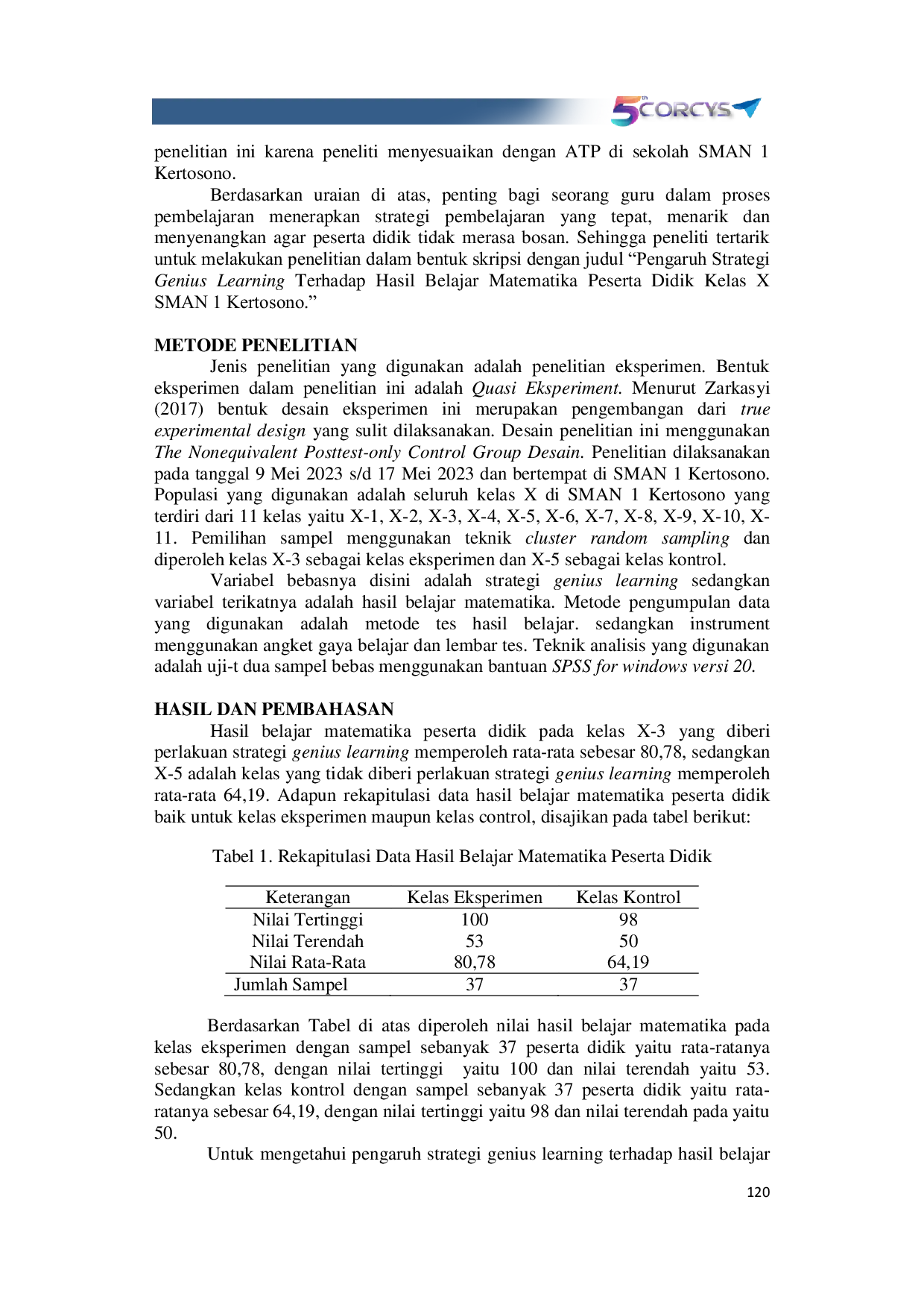 JURIS Pengaruh Strategi Genius Learning Terhadap Hasil Belajar Matematika Peserta Didik Kelas X SMAN 1 Kertosono