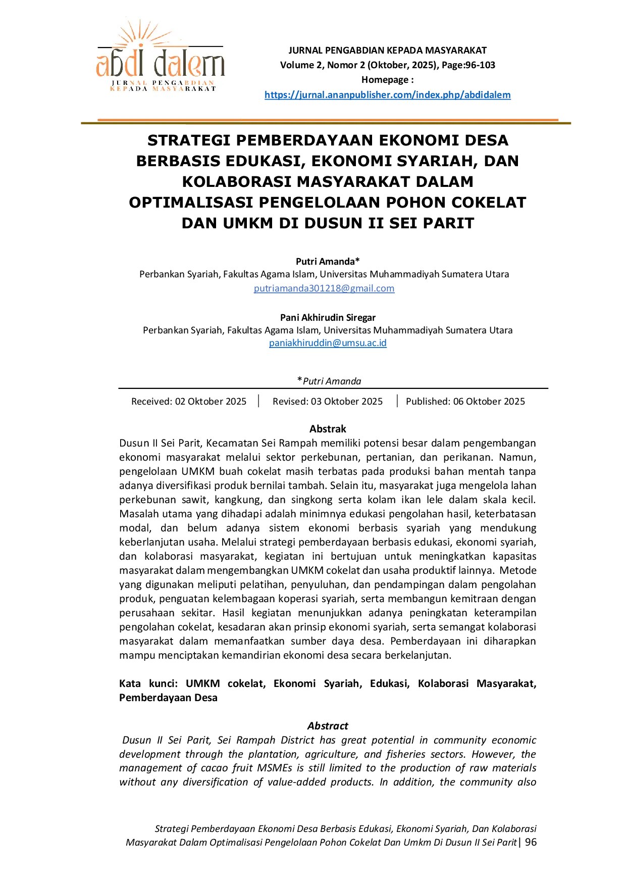 JURIS Strategi Pemberdayaan Ekonomi Desa Berbasis Edukasi Ekonomi Syariah dan Kolaborasi Masyarakat dalam Optimalisasi Pengelolaan Pohon Cokelat dan UMKM di Dusun II Sei Parit