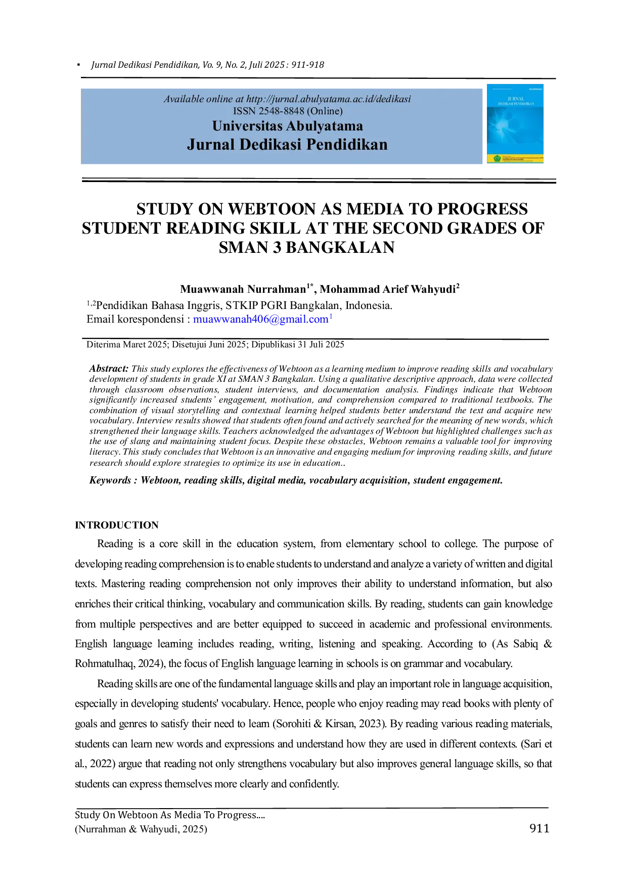 JURIS Study on Webtoon as Media to Progress Student Reading Skill at the Second Grades of SMAN 3 Bangkalan