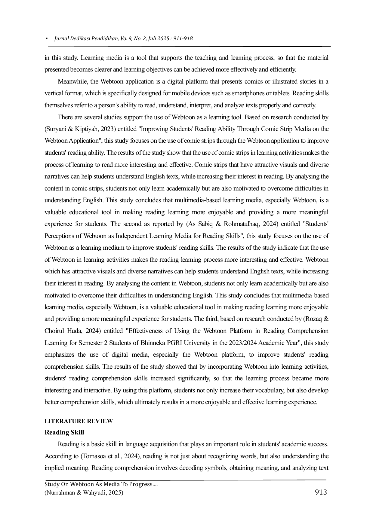 JURIS Study on Webtoon as Media to Progress Student Reading Skill at the Second Grades of SMAN 3 Bangkalan