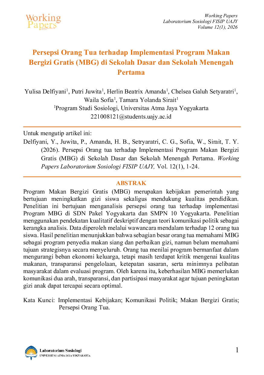 JURIS Parents Perceptions of the Implementation of the Free Nutritious Meals MBG Program in Elementary and Junior High Schools