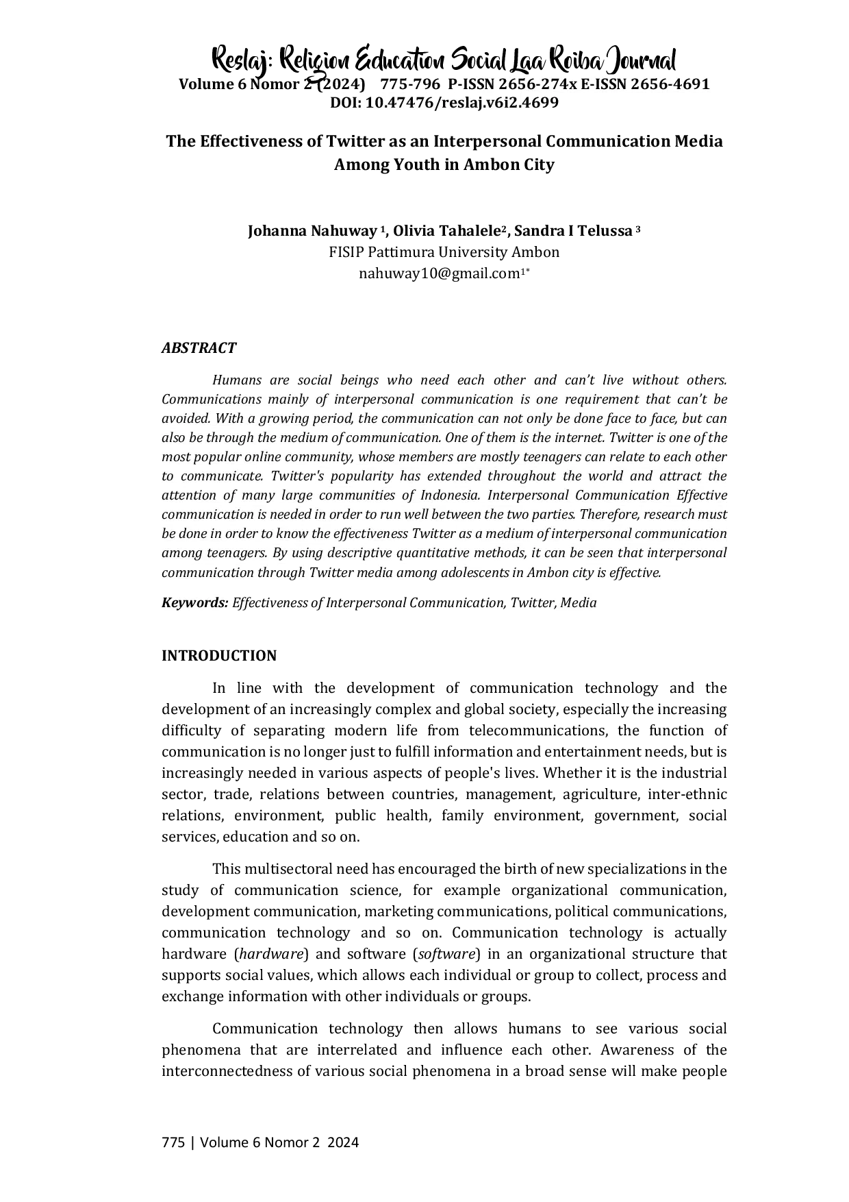 juris The Effectiveness of Twitter As an Interpersonal Communication Media Among Youth in Ambon City