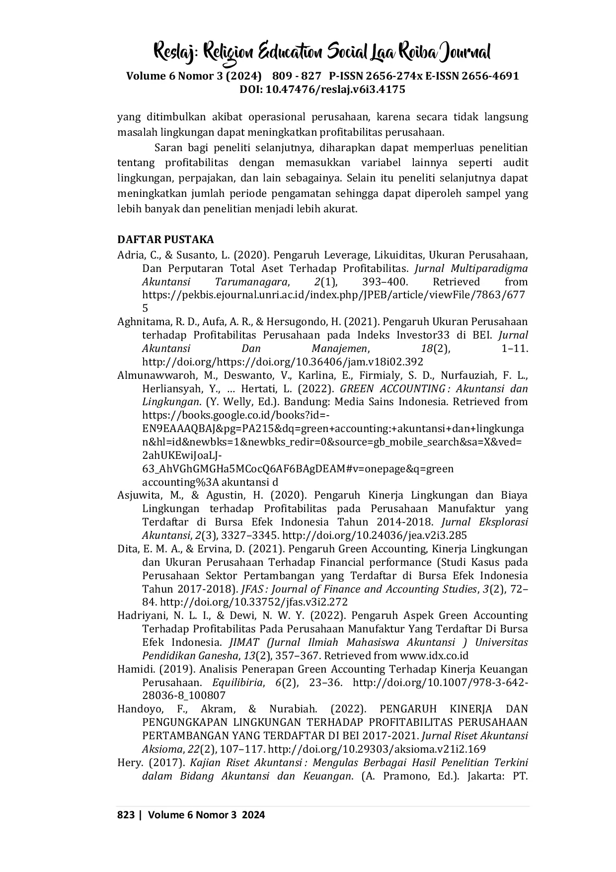 JURIS Pengaruh Green Accounting Kinerja Lingkungan Ukuran Perusahaan dan Likuiditas terhadap Profitabilitas