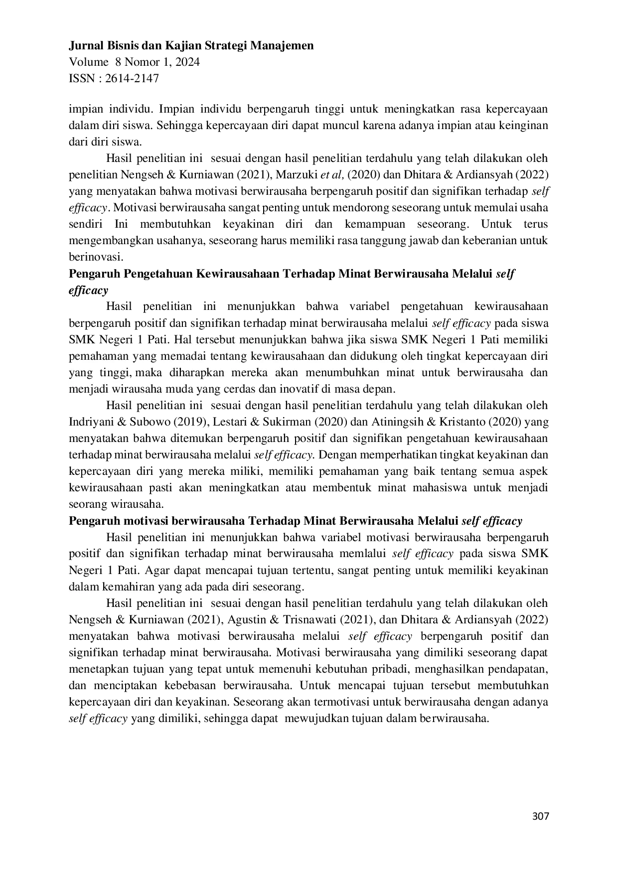 JURIS Pengaruh Pengetahuan Kewirausahaan Dan Motivasi Berwirausaha Terhadap Minat Berwirausaha Dengan Self Efficacy Sebagai Variabel Intervening Pada Siswa Smk Negeri 1 Pati