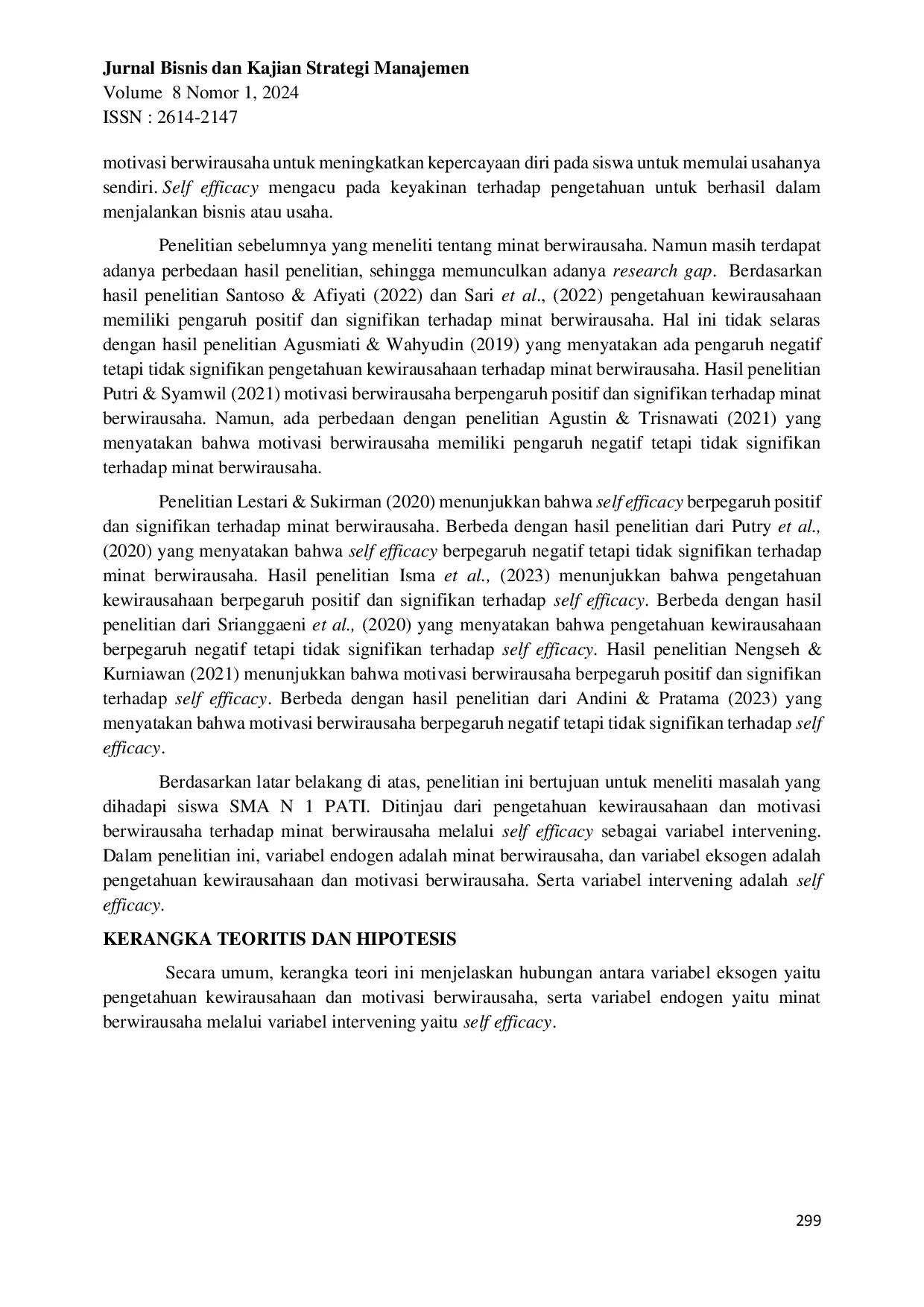 JURIS Pengaruh Pengetahuan Kewirausahaan Dan Motivasi Berwirausaha Terhadap Minat Berwirausaha Dengan Self Efficacy Sebagai Variabel Intervening Pada Siswa Smk Negeri 1 Pati