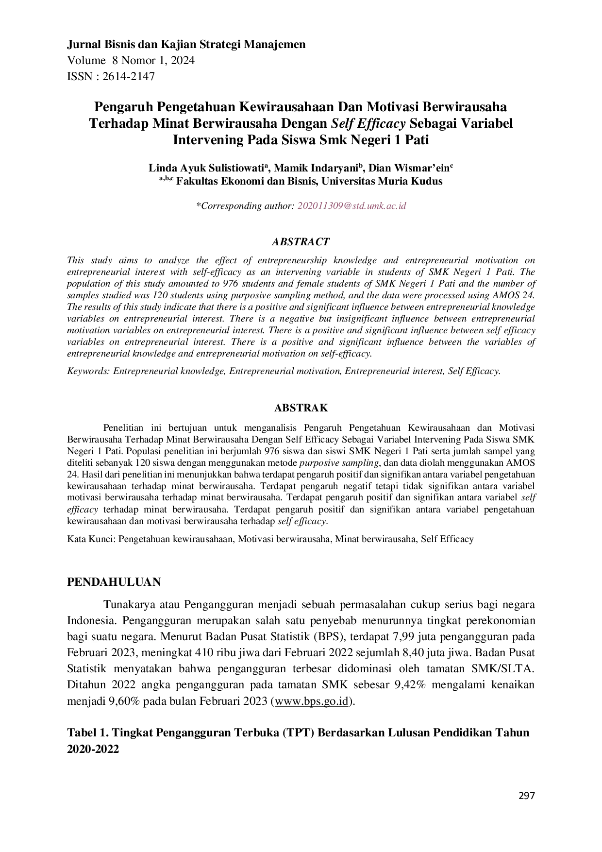 JURIS Pengaruh Pengetahuan Kewirausahaan Dan Motivasi Berwirausaha Terhadap Minat Berwirausaha Dengan Self Efficacy Sebagai Variabel Intervening Pada Siswa Smk Negeri 1 Pati