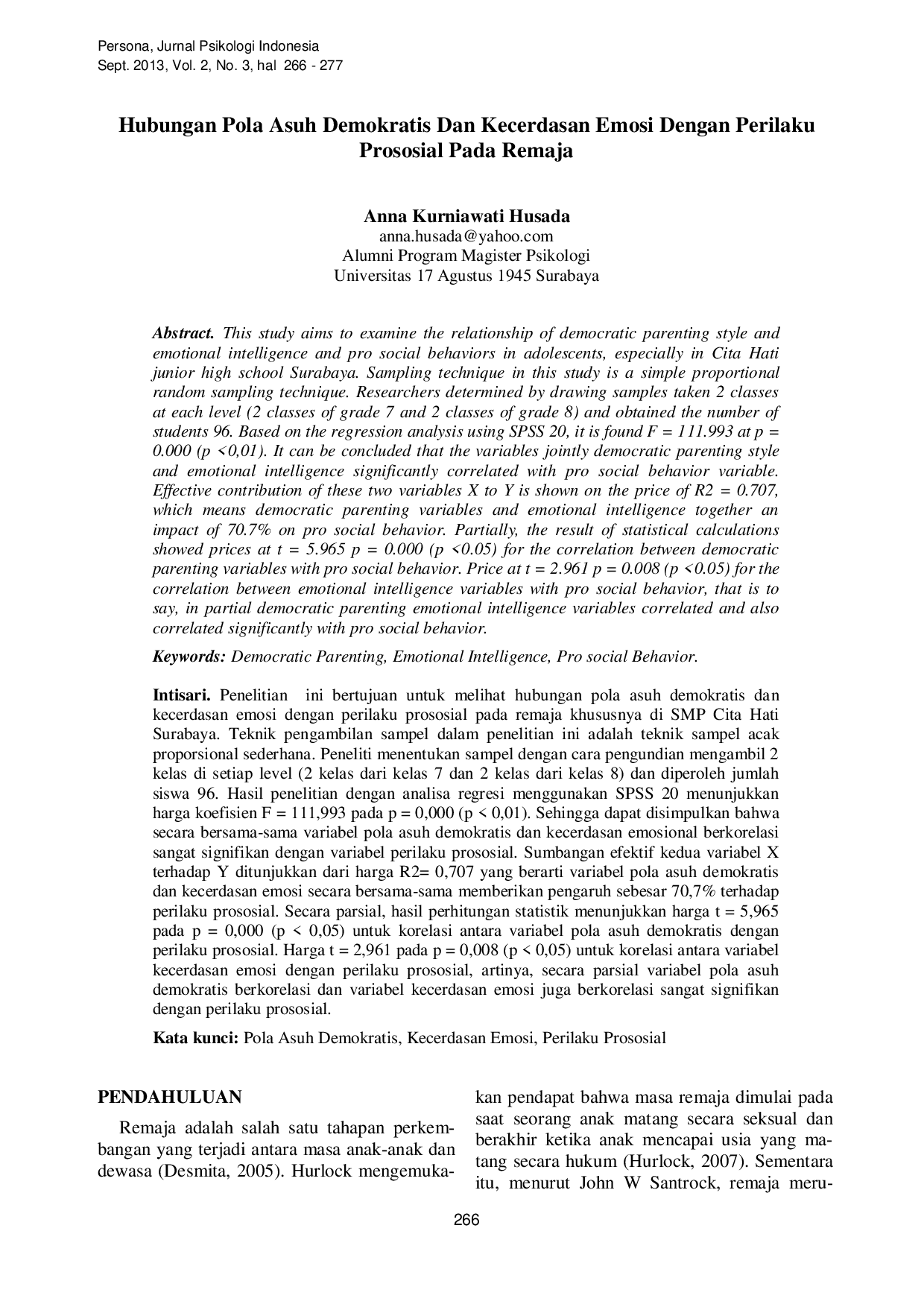 JURIS Hubungan Antara Dukungan Sosial Dan Kualitas Attachment Pada Ibu Dengan Resiliensi Remaja Quasi Broken Home Di SMP Negeri 3 Babat