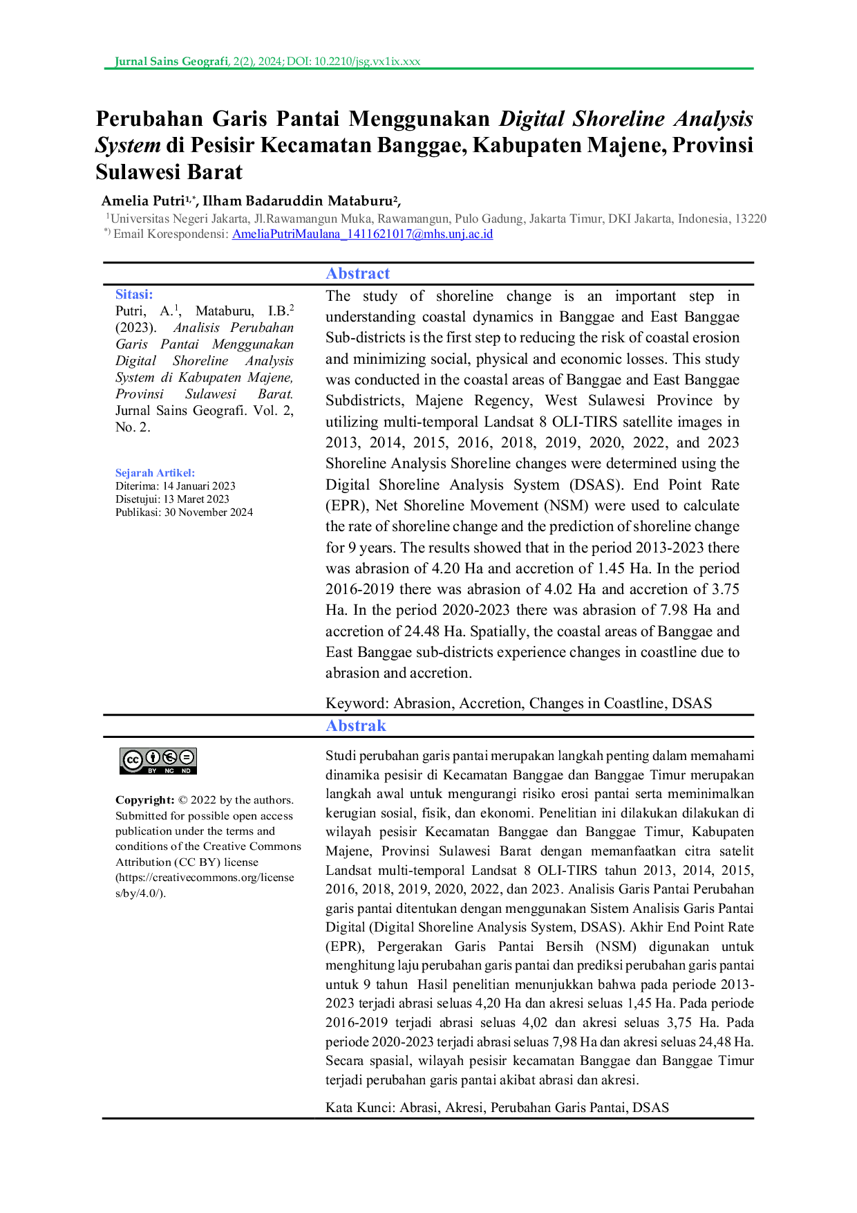 JURIS Perubahan Garis Pantai Menggunakan Digital Shoreline Analysis System di Pesisir Kecamatan Banggae Kabupaten Majene Provinsi Sulawesi Barat