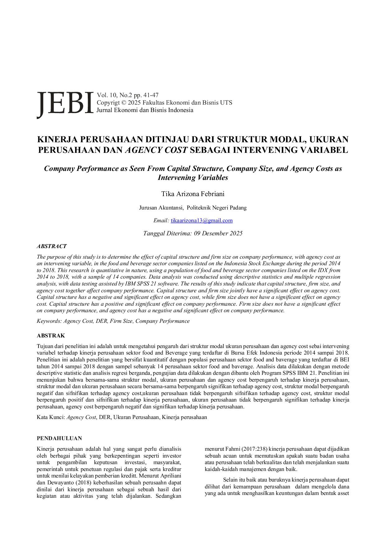 JURIS Kinerja Perusahaan Ditinjau dari Struktur Modal Ukuran Perusahaan dan Agency Cost sebagai Intervening Variabel