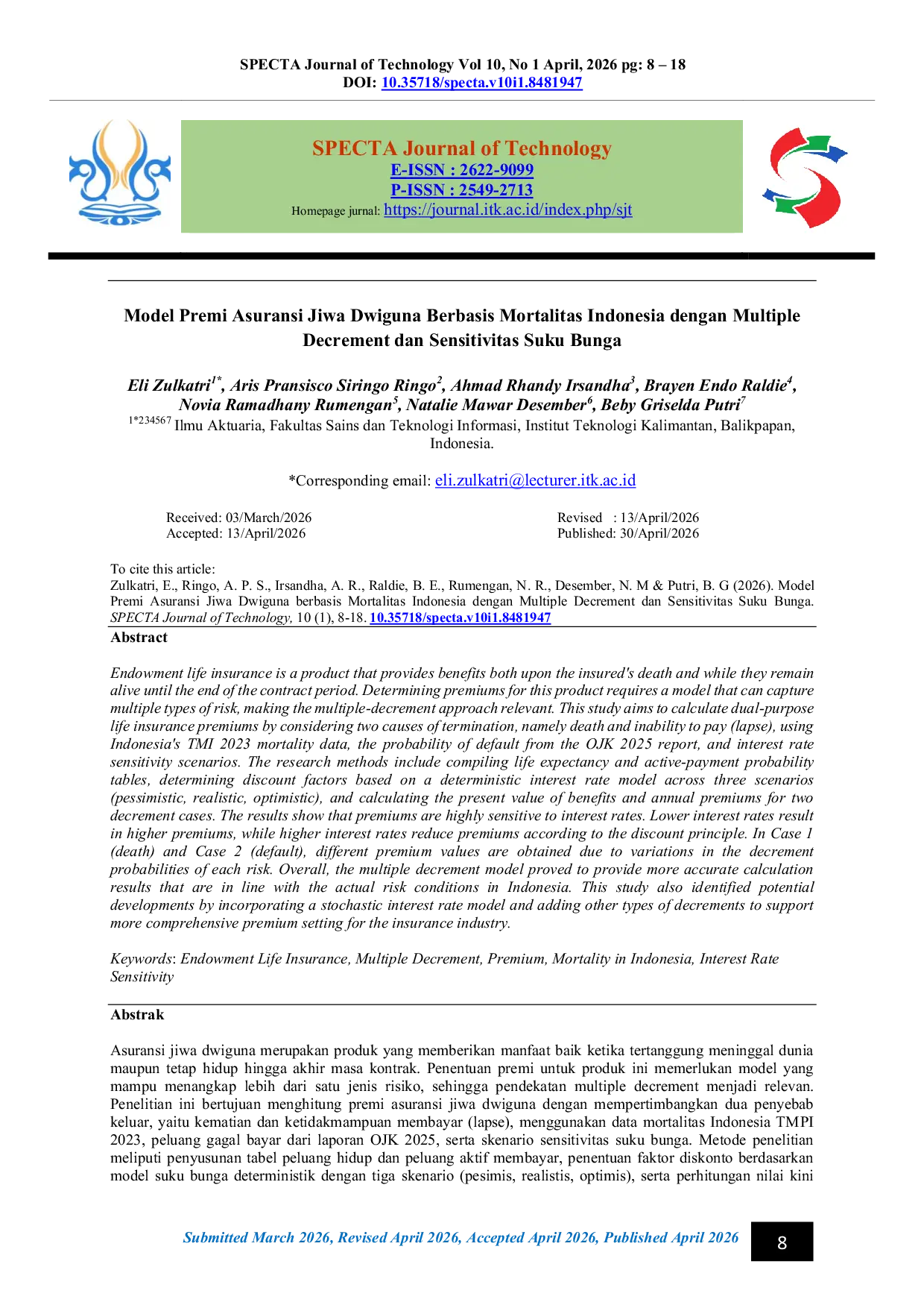 JURIS Endowment Life Insurance Premium Model Based on Indonesian Mortality Using Multiple Decrement and Interest Rate Sensitivity