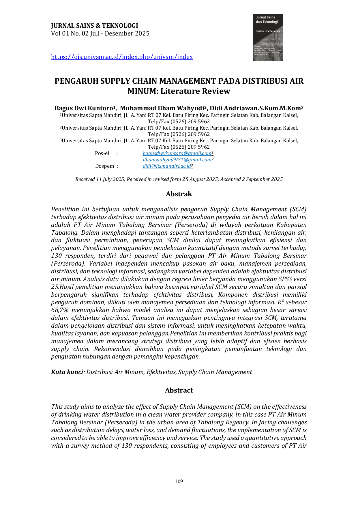 JURIS PENGARUH SUPPLY CHAIN MANAGEMENT PADA DISTRIBUSI AIR MINUM Literature Review