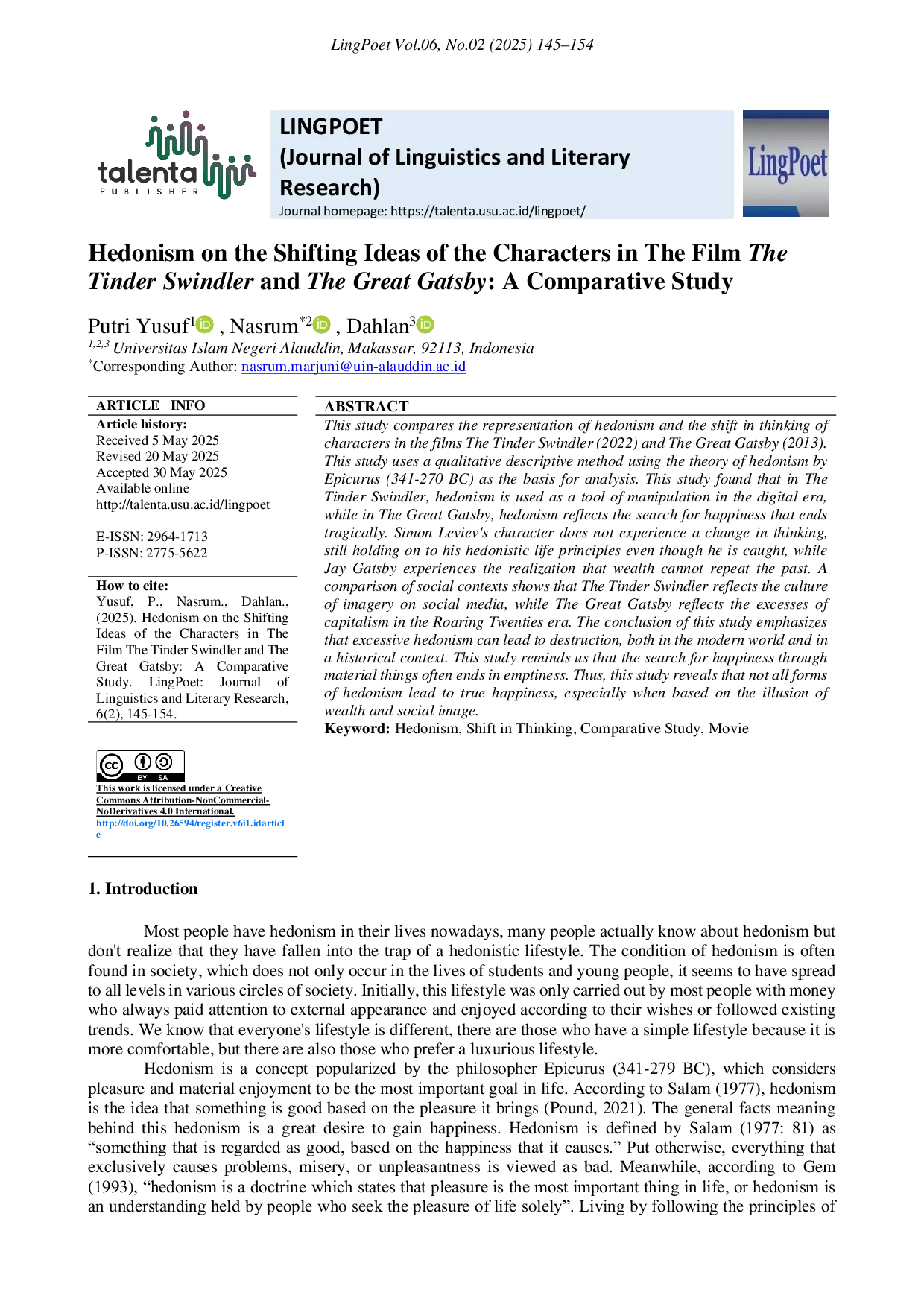 JURIS Hedonism on the Shifting Ideas of the Characters in The Film The Tinder Swindler and The Great Gatsby A Comparative Study