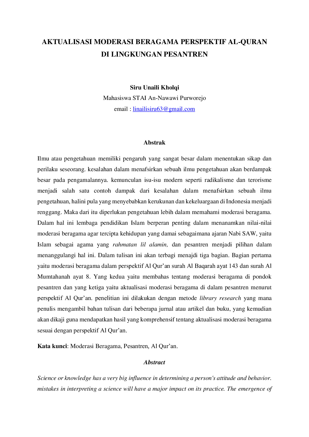 JURIS Aktualisasi Moderasi Beragama Perspektif Al Quran Di Lingkungan Pesantren