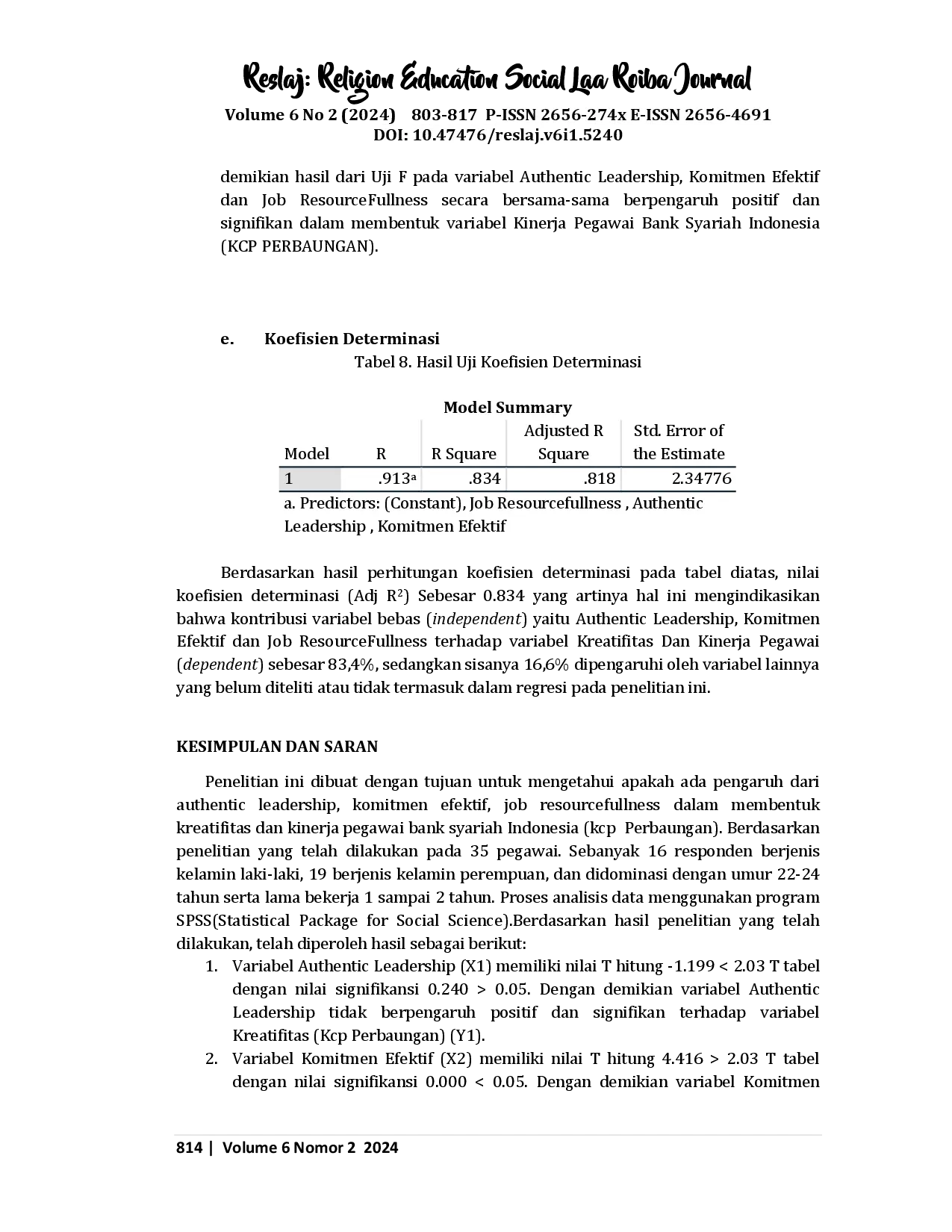 juris Authentic Leadership Komitmen Efektif dan Job Resourcefullness dalam Membentuk Kreatifitas dan Kinerja Pegawai Bank Syariah Indonesia KCP Perbaungan