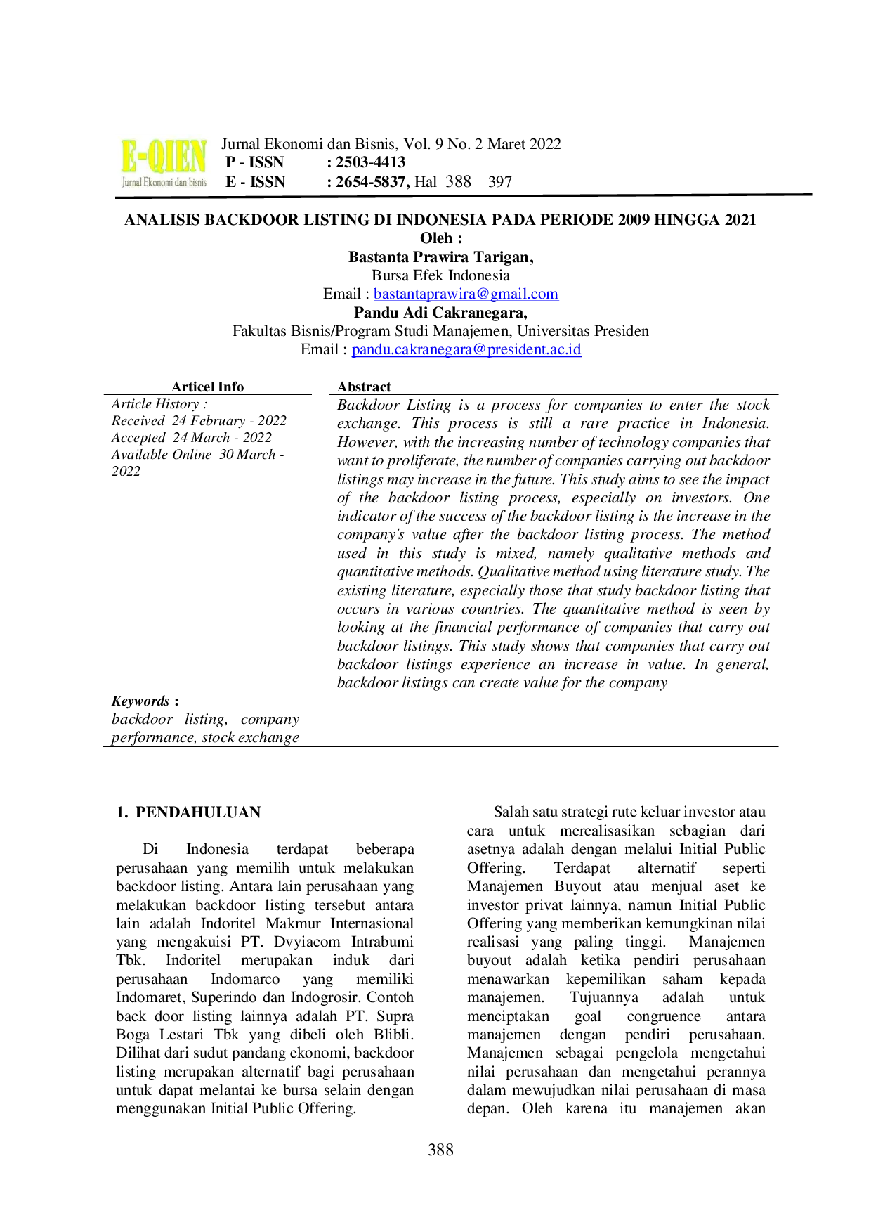 JURIS Analisis Backdoor Listing Di Indonesia Pada Periode 2009 Hingga 2021