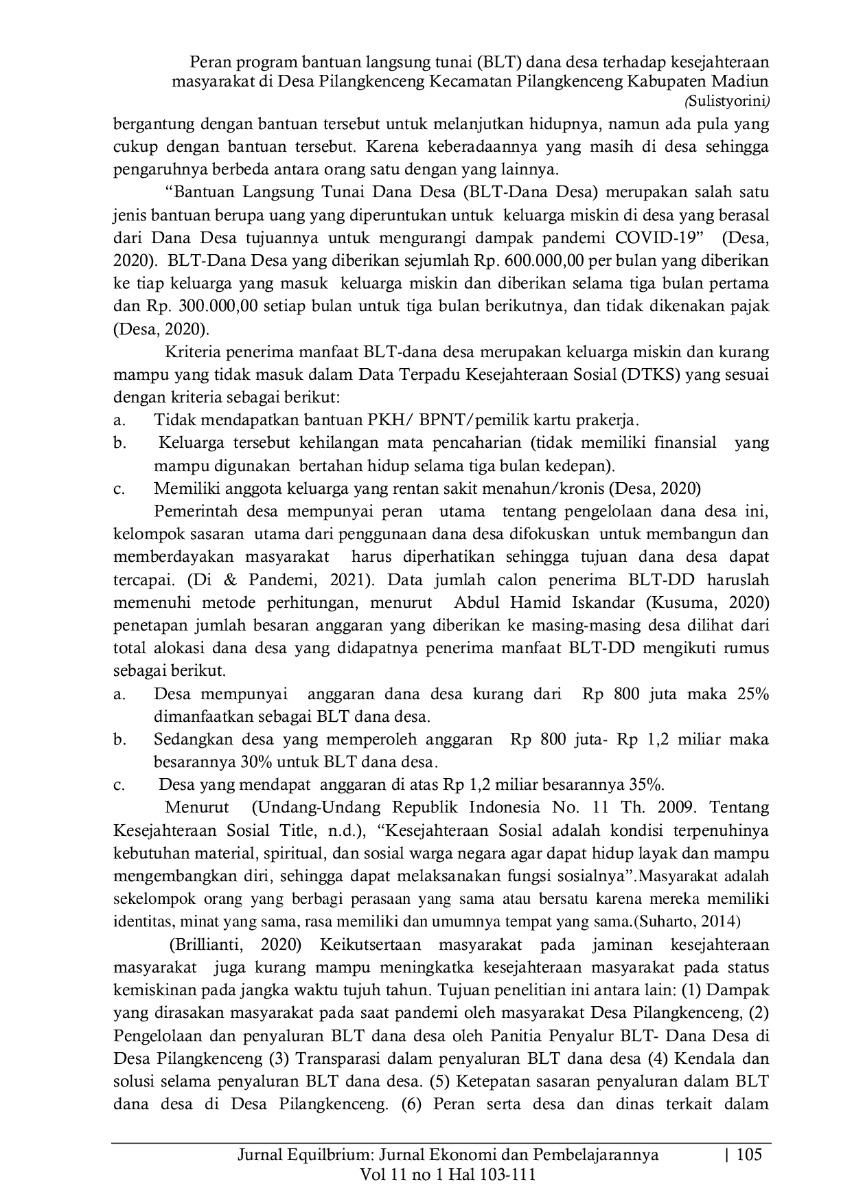 JURIS Peran program Bantuan Langsung Tunai BLT dana desa terhadap kesejahteraan masyarakat di Desa Pilangkenceng Kecamatan Pilangkenceng Kabupaten Madiun