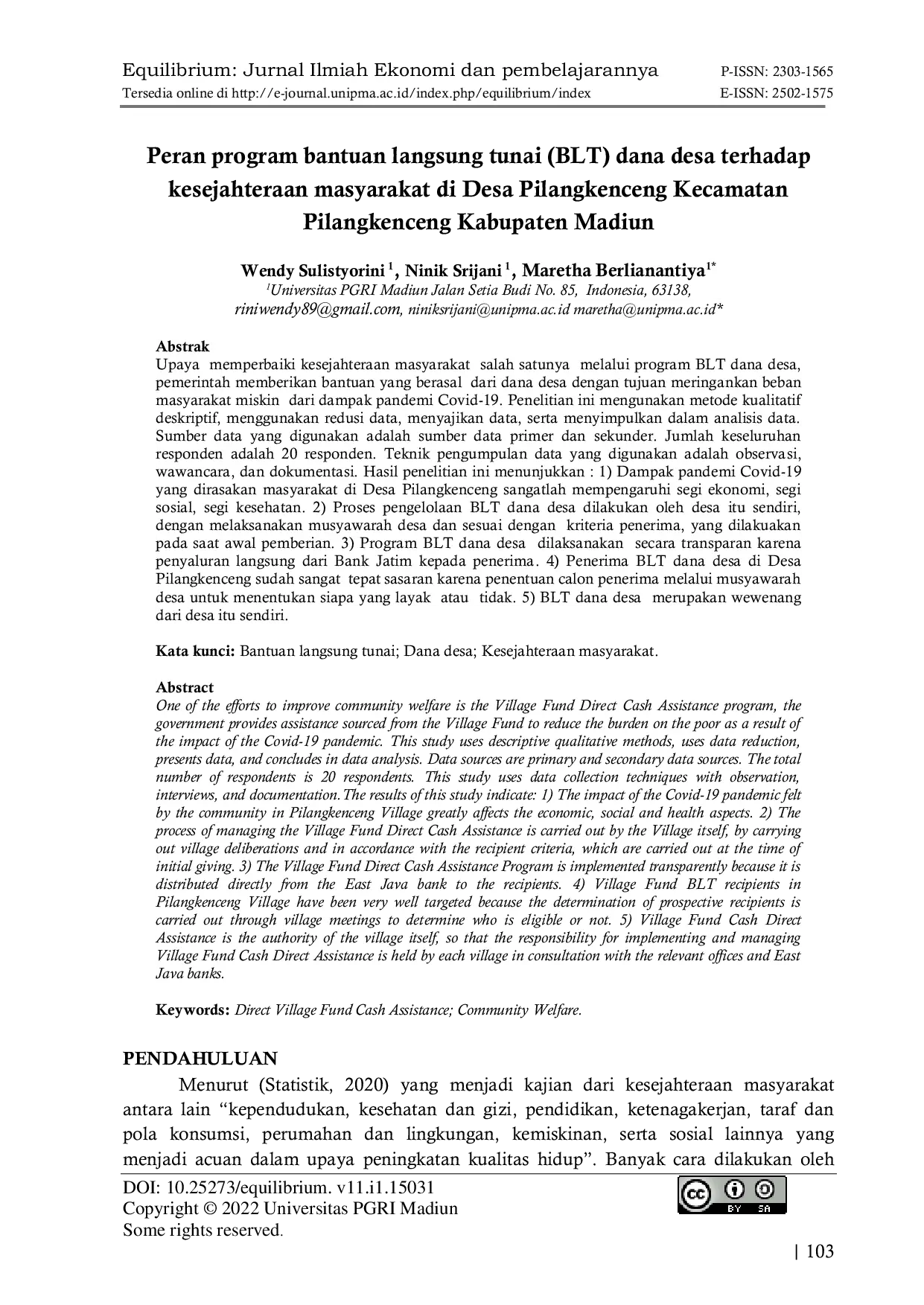 JURIS Peran program Bantuan Langsung Tunai BLT dana desa terhadap kesejahteraan masyarakat di Desa Pilangkenceng Kecamatan Pilangkenceng Kabupaten Madiun