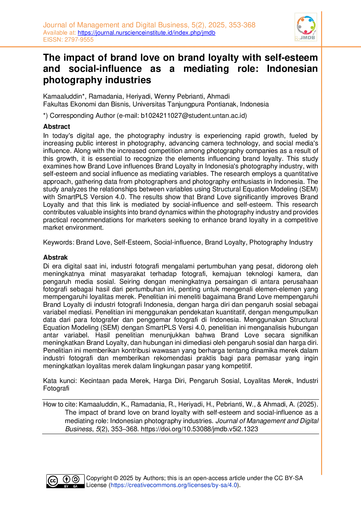 JURIS The impact of brand love on brand loyalty with self esteem and social influence as a mediating role Indonesian photography industries