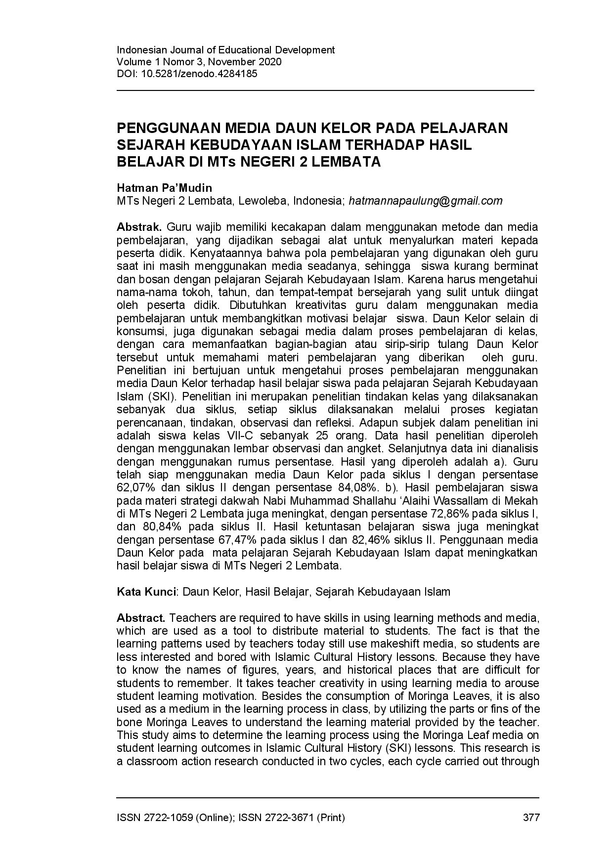 juris Penggunaan media daun kelor pada pelajaran sejarah kebudayaan islam terhadap hasil belajar di MTs Negeri 2 Lembata