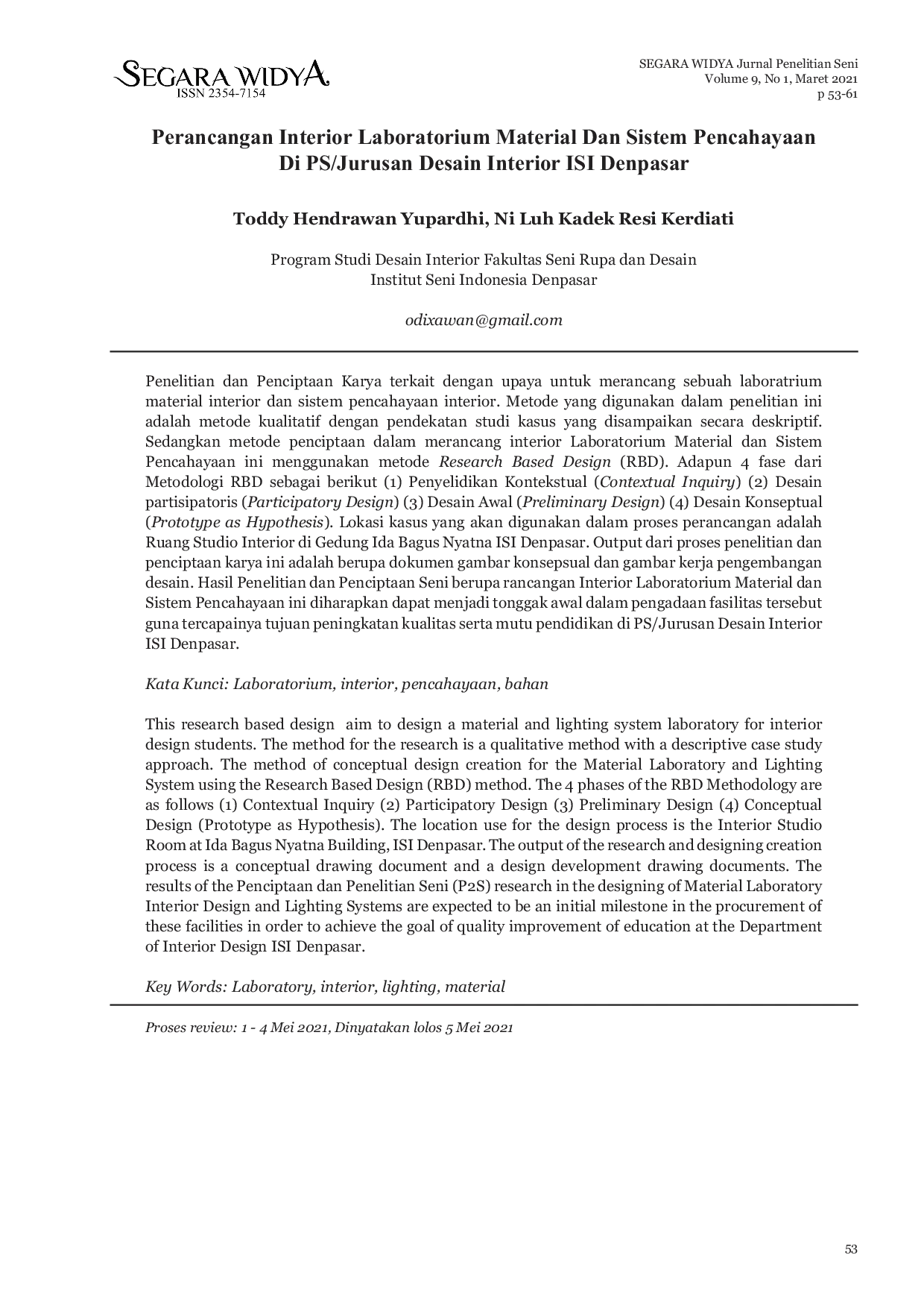 JURIS Perancangan Interior Laboratorium Material Dan Sistem Pencahayaan Di PS Jurusan Desain Interior ISI Denpasar