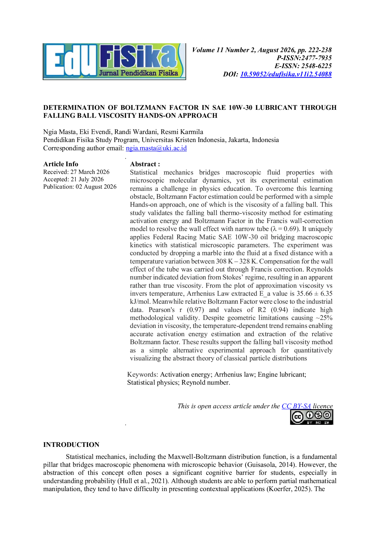 JURIS DETERMINATION OF BOLTZMANN FACTOR IN SAE 10W 30 LUBRICANT THROUGH FALLING BALL VISCOSITY HANDS ON APPROACH
