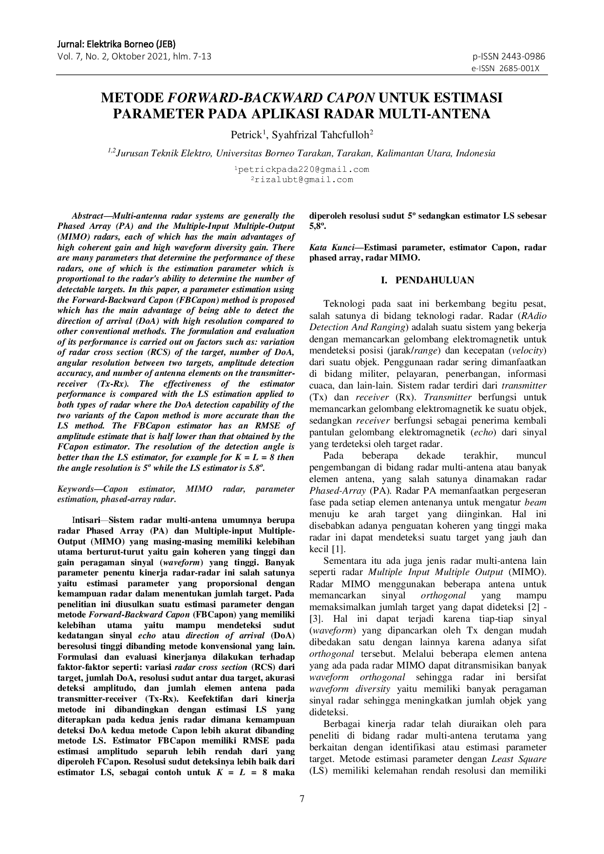 JURIS Metode Forward Backward Capon untuk Estimasi Parameter pada Aplikasi Radar Multi Antena