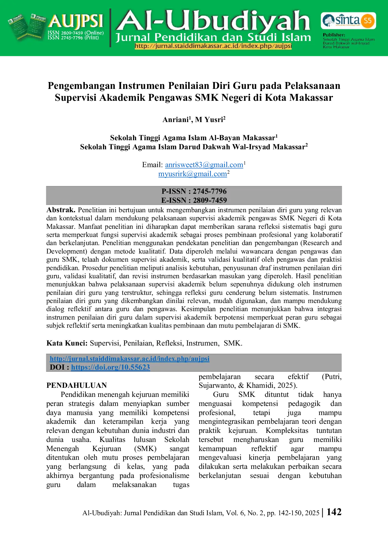 JURIS Development of Self Assessment Instrument for the Implementation of Academic Supervision by SMK Negeri Supervisors in Makassar City