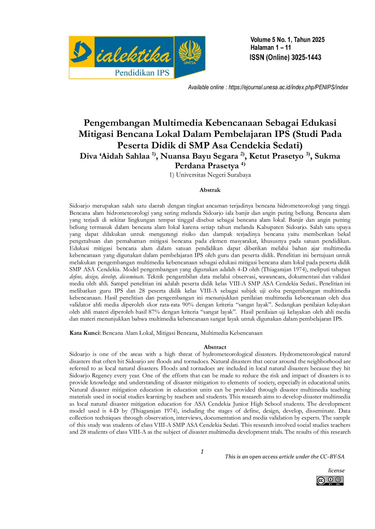 JURIS Pengembangan Multimedia Kebencanaan Sebagai Edukasi Mitigasi Bencana Lokal Dalam Pembelajaran IPS Studi Pada Peserta Didik di SMP Asa Cendekia Sedati