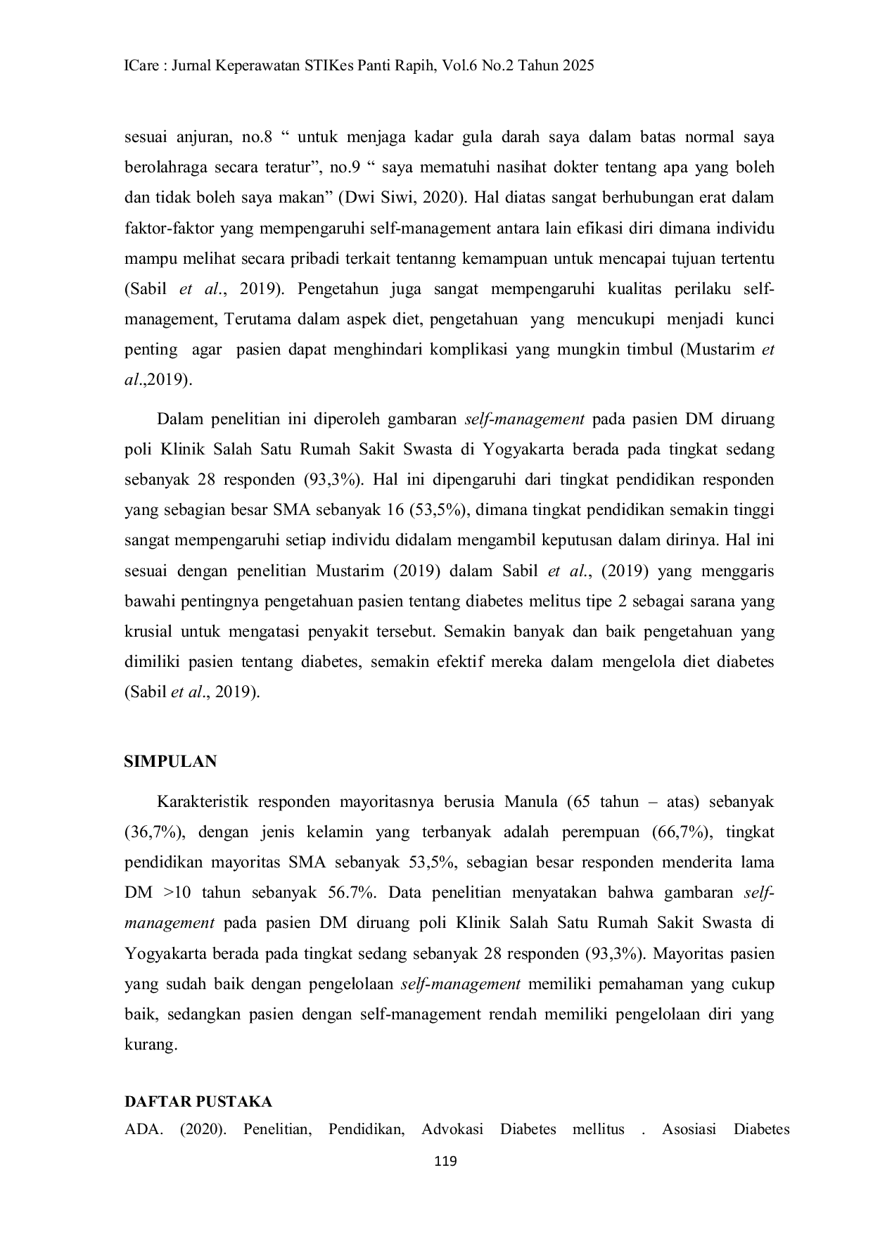 JURIS Gambaran Self Management Pada Pasien DM di Ruang Poliklinik Salah Satu Rumah Sakit Swasta di Yogyakarta