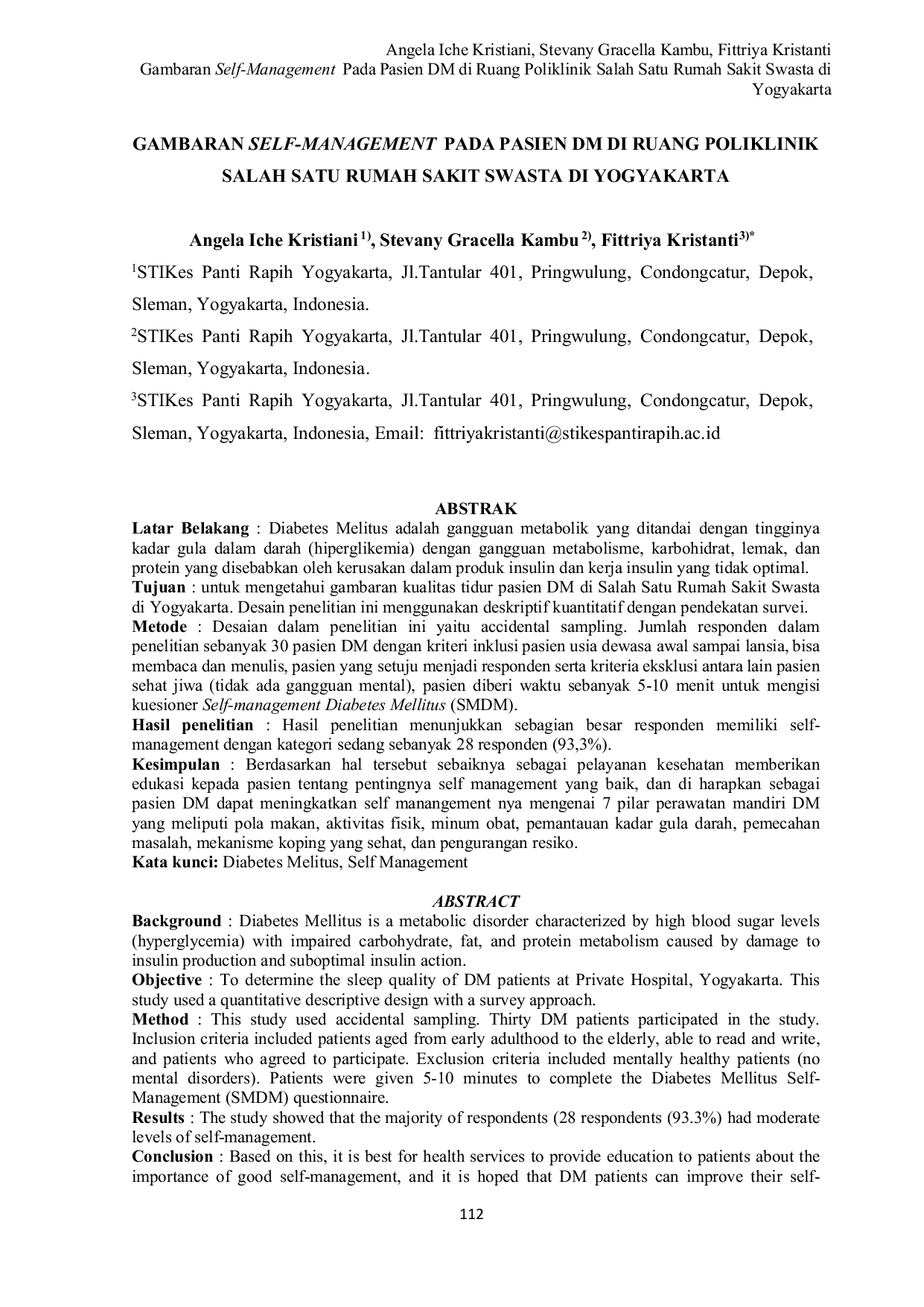 JURIS Gambaran Self Management Pada Pasien DM di Ruang Poliklinik Salah Satu Rumah Sakit Swasta di Yogyakarta