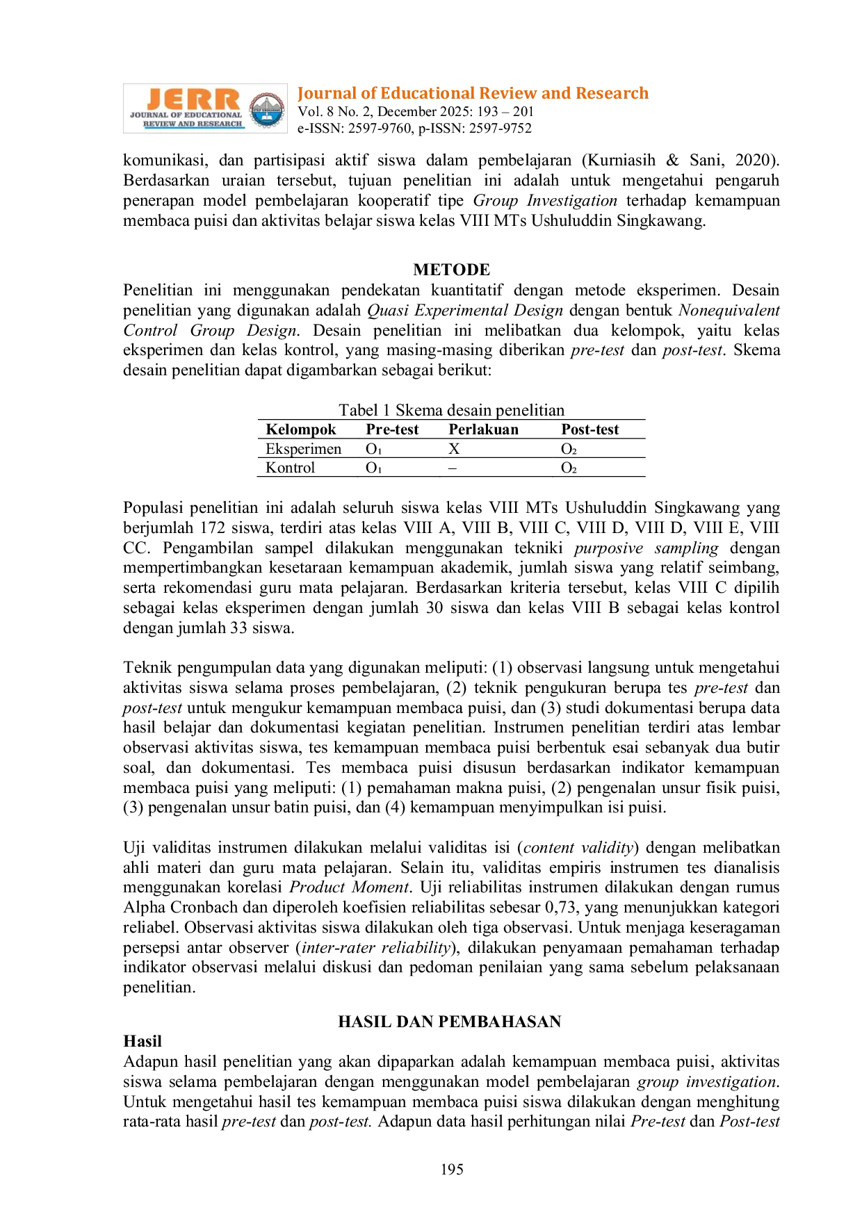 JURIS Pengaruh Model Pembelajaran Kooperatif Tipe Group Investigation Terhadap Kemampuan Membaca Puisi Siswa Kelas VIII MTs