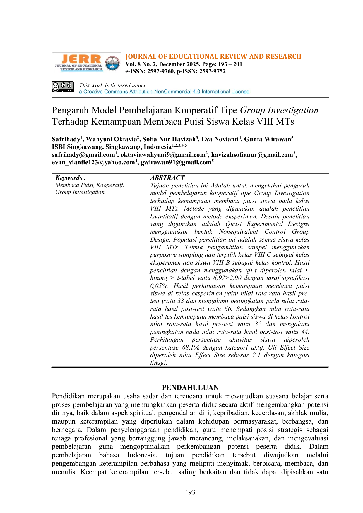 JURIS Pengaruh Model Pembelajaran Kooperatif Tipe Group Investigation Terhadap Kemampuan Membaca Puisi Siswa Kelas VIII MTs