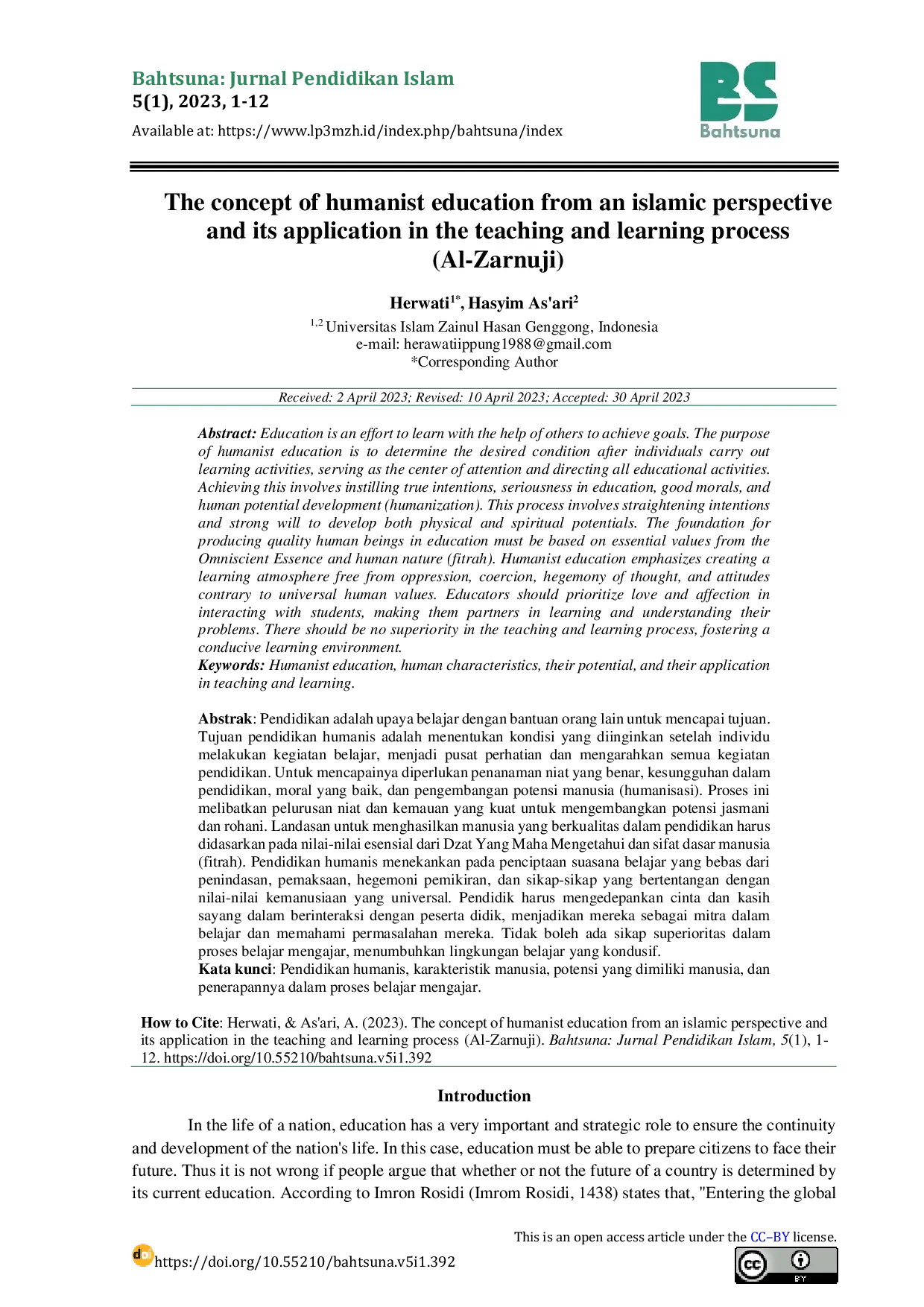 JURIS The Concept Of Humanist Education From An Islamic Perspective And Its Application In The Teaching And Learning Process Al Zarnuji
