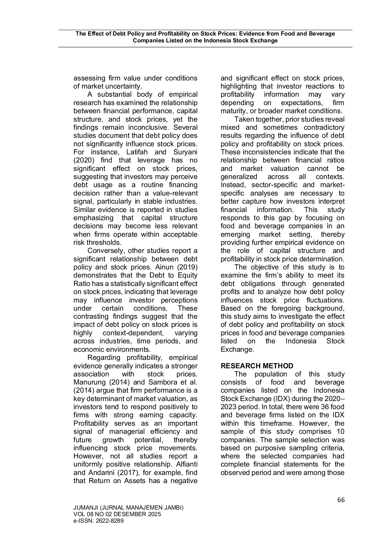 JURIS The Effect of Debt Policy and Profitability on Stock Prices Evidence from Food and Beverage Companies Listed on the Indonesia Stock Exchange