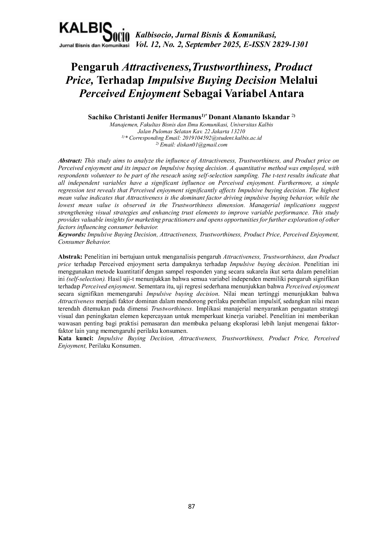 JURIS Pengaruh Attractiveness Trustworthiness Product Price Terhadap Impulsive Buying Decision Melalui Perceived Enjoyment Sebagai Variabel Antara