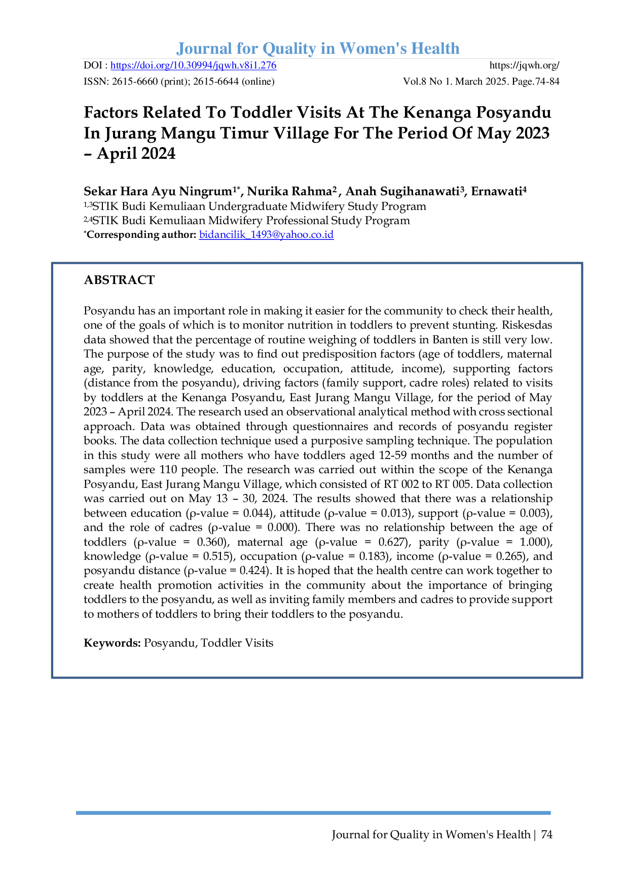 JURIS Factors Related To Toddler Visits At The Kenanga Posyandu In Jurang Mangu Timur Village For The Period Of May 2023 April 2024